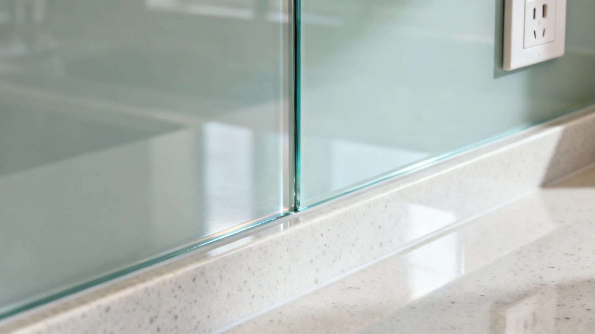 Macro of low-iron glass backsplash with quartz counter, clean edge and soft natural reflections.