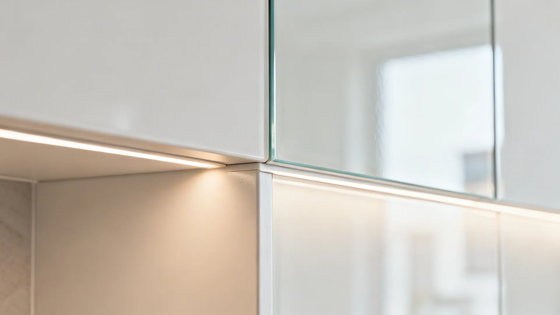 Macro of tempered glass backsplash and satin cabinet with clean sealed edges under LED light.