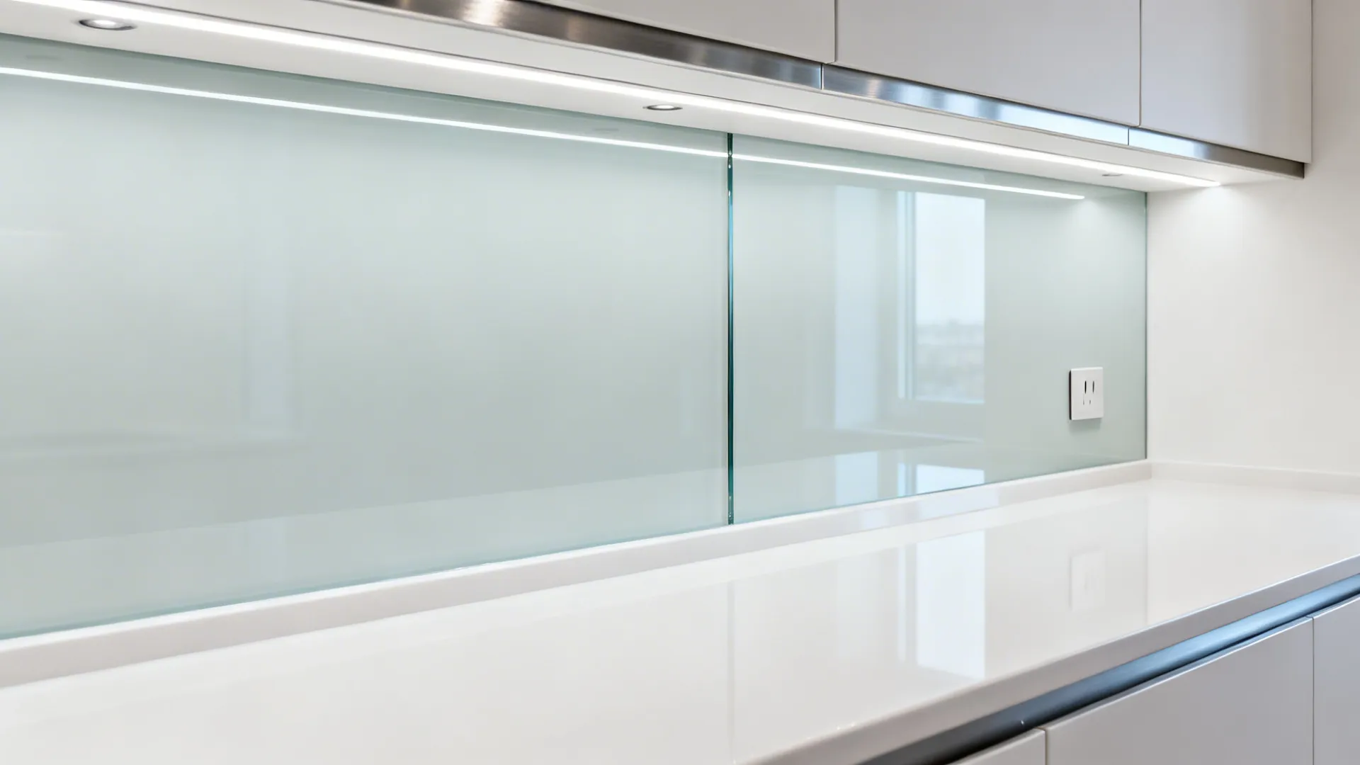 Close-up of a low-iron glass backsplash reflecting linear ceiling lights for added depth.