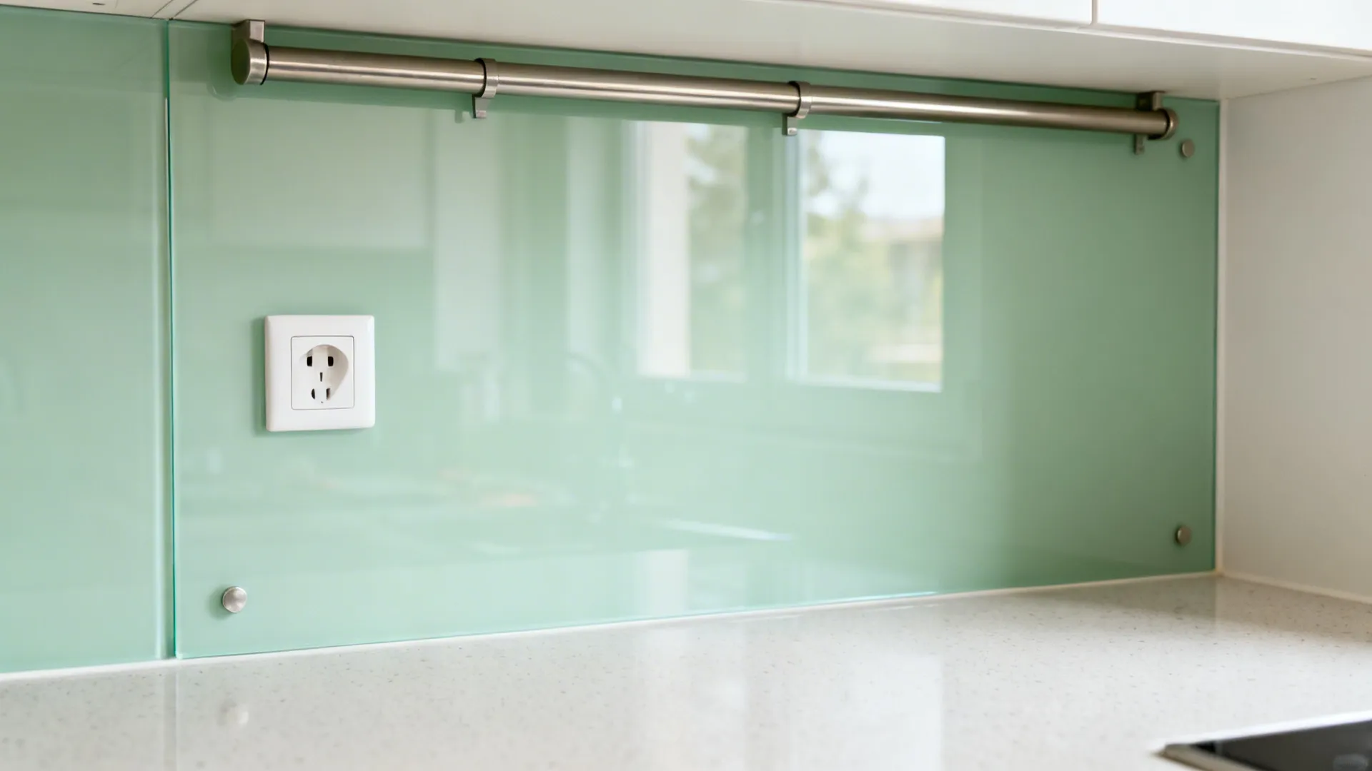 Close-up of pale green toughened glass backsplash with brushed steel rail and matte quartz counter.