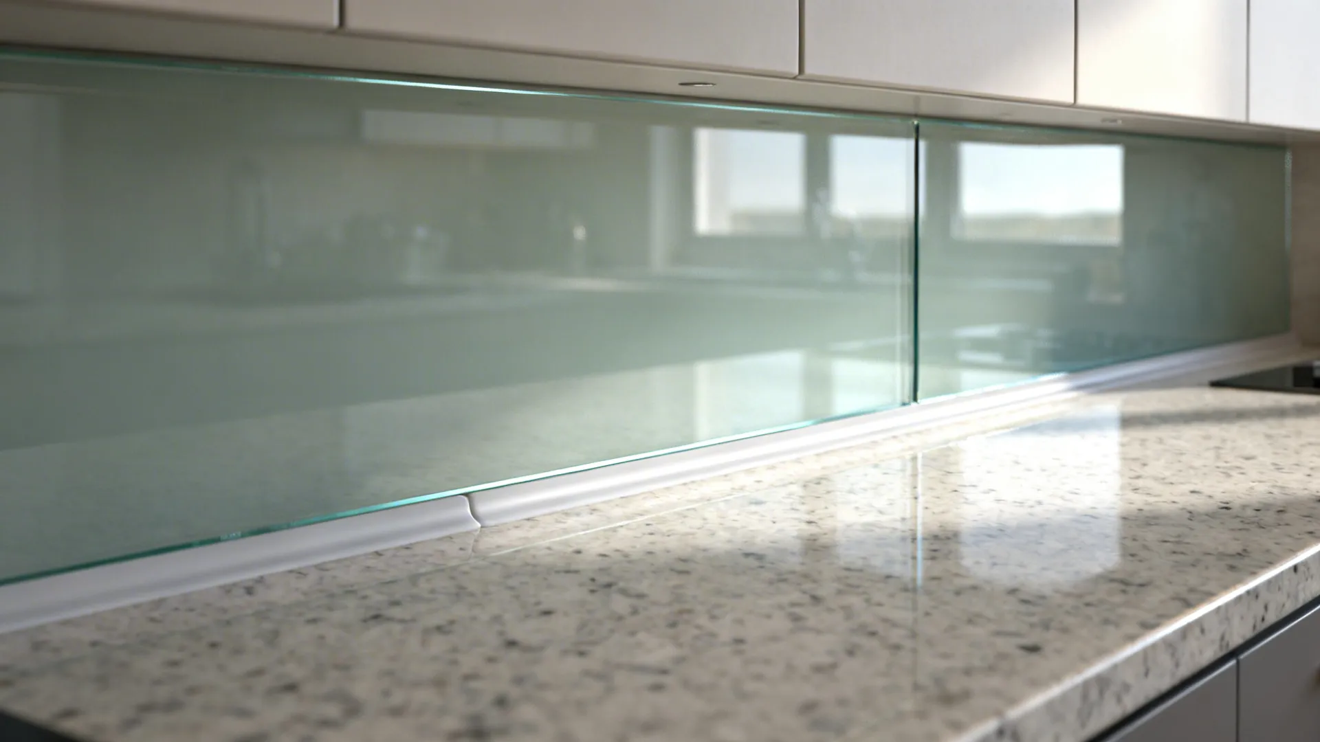 Close-up of a low-iron tempered glass backsplash with clean silicone-backed installation.