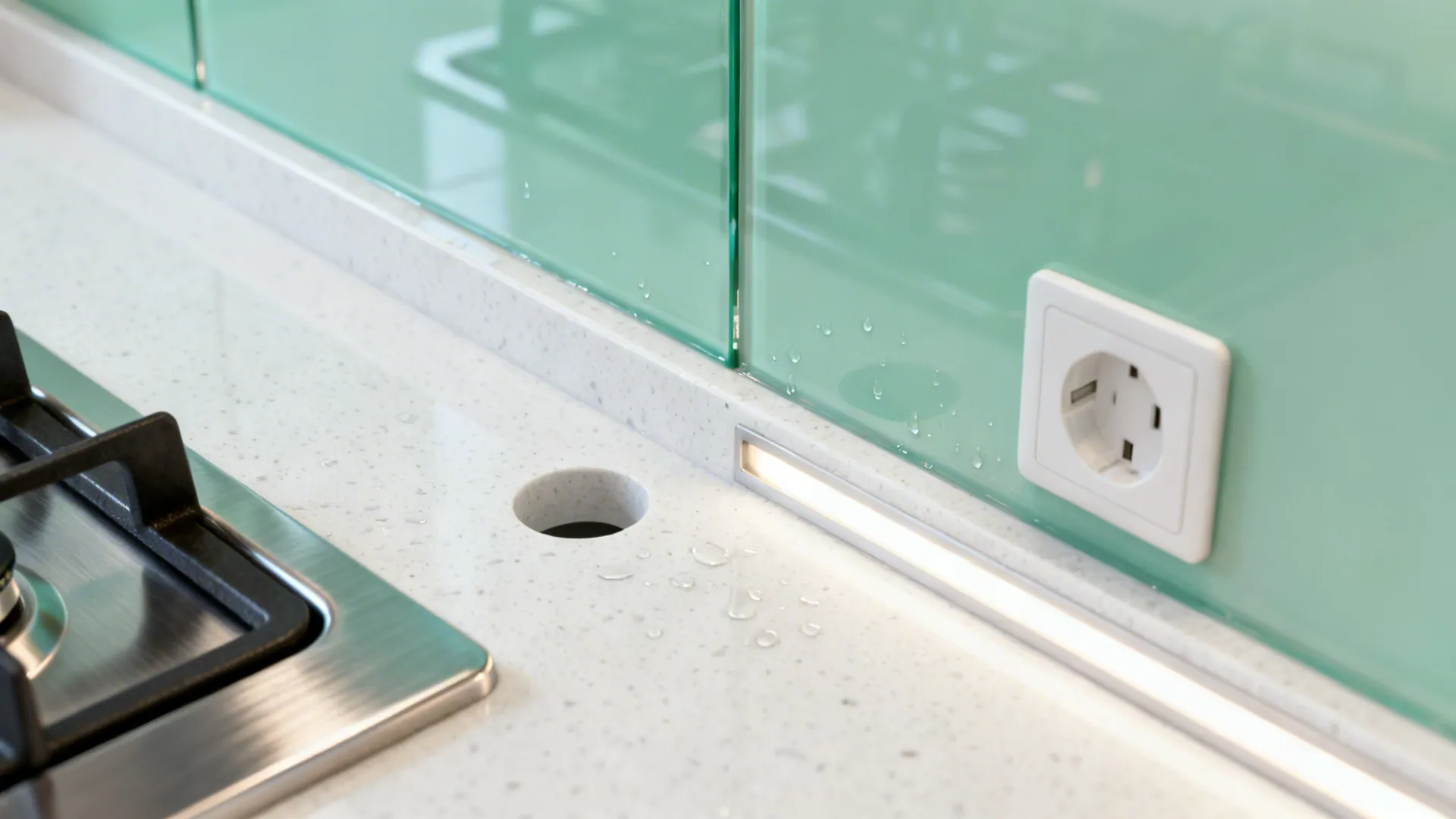 Macro of mint glass backsplash with quartz counter showing precise socket cutout and clean edges.