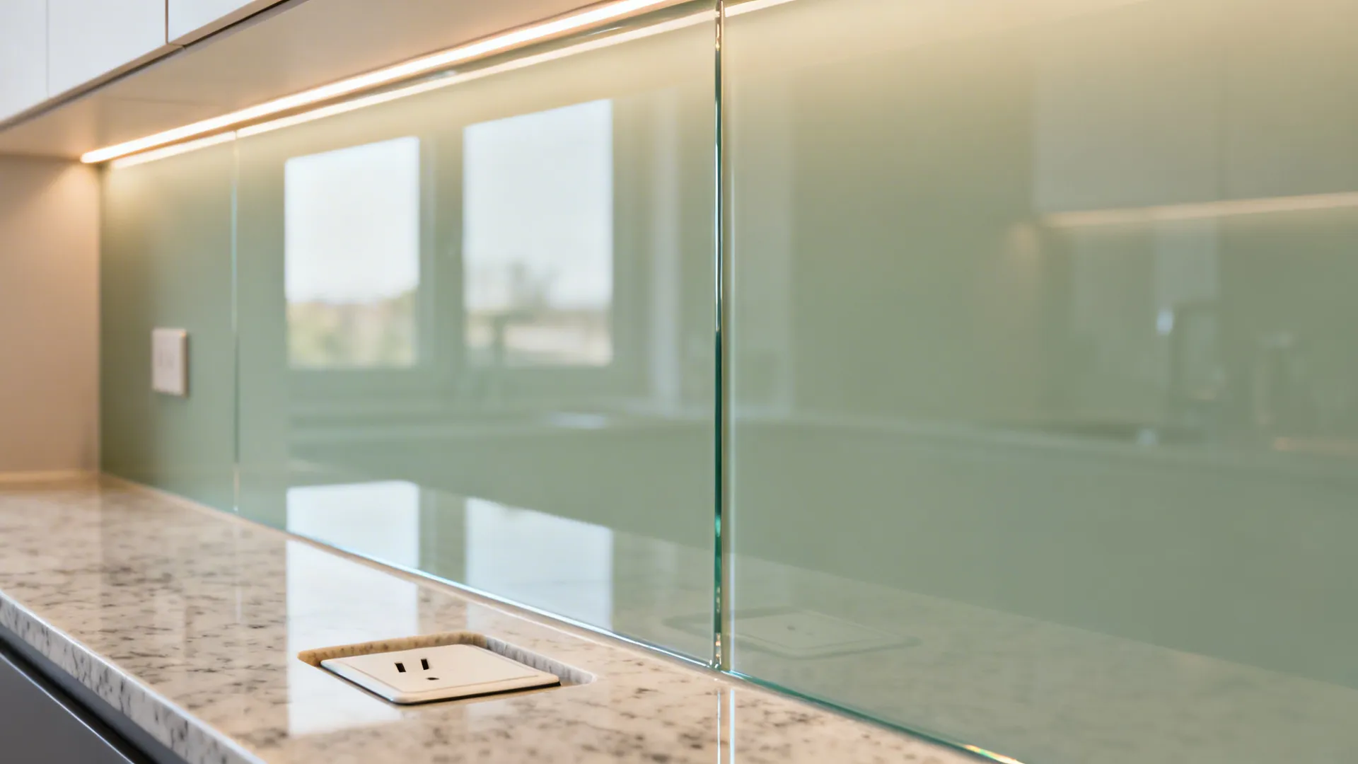 Close-up of pale sage low-iron glass backsplash reflecting under-cabinet light with a precise outlet cutout.
