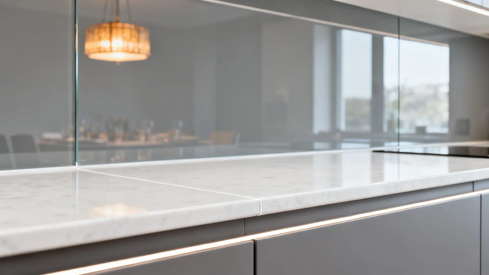Macro detail of low-iron glass backsplash reflecting a warm pendant over a quartz countertop.