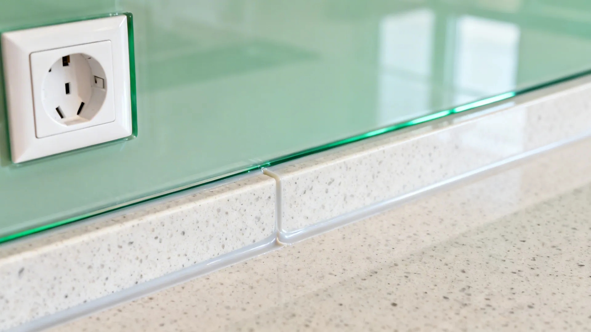 Macro of toughened back-painted glass backsplash with clean socket cutout above quartz.