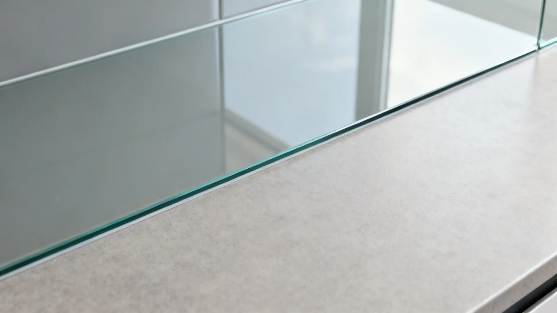 Macro top-view detail of a countertop meeting a glossy gray glass backsplash with clean reflections.