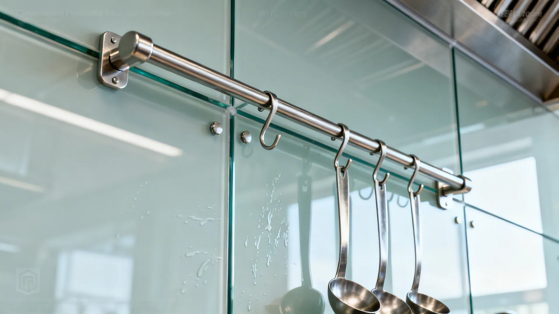 Macro of matte tempered glass backsplash with stainless rail and hooks.