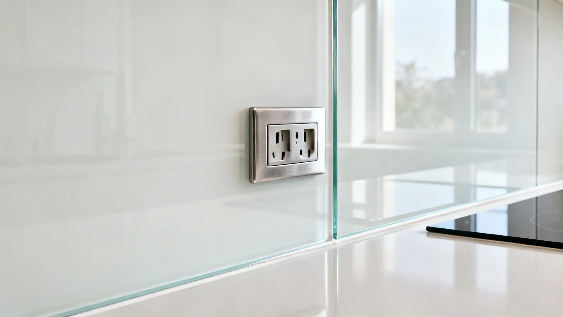 Macro of low-iron back-painted glass backsplash with clean edges and soft reflections.