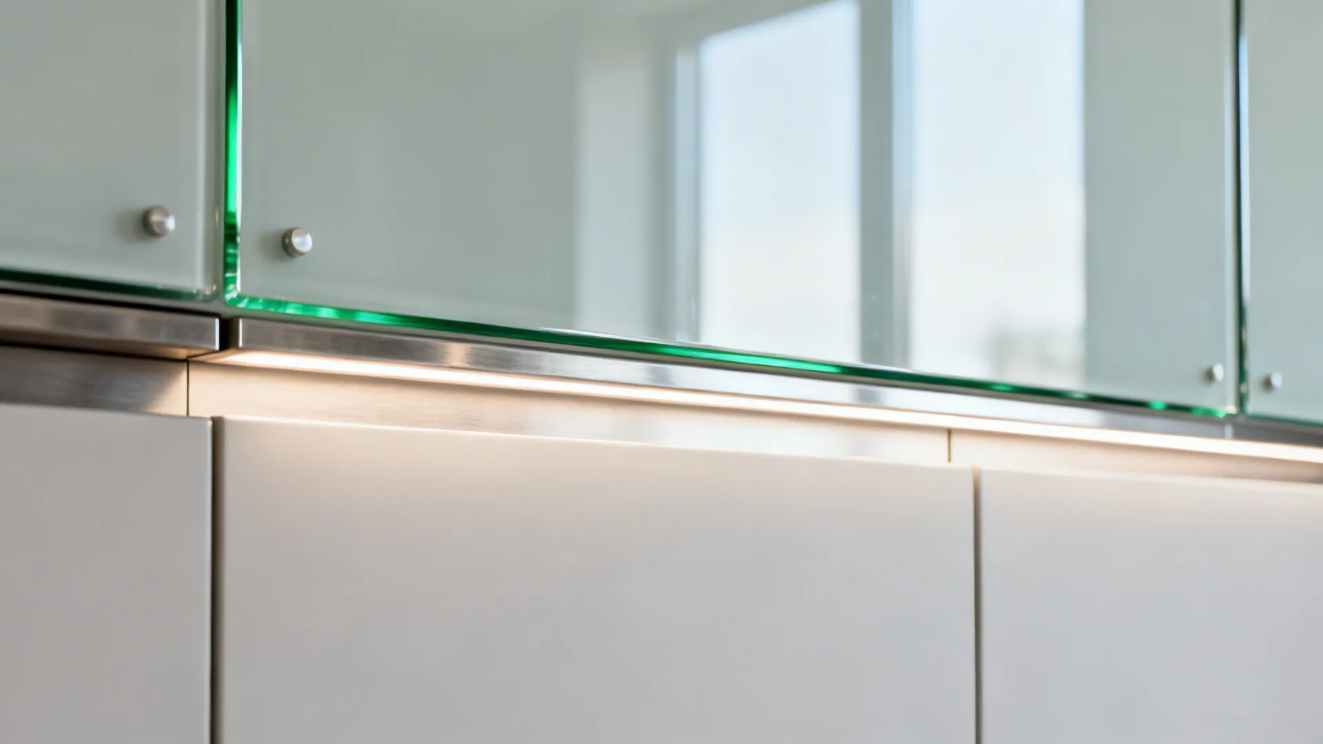 Macro detail of a back-painted glass backsplash reflecting light behind minimalist cabinet fronts.