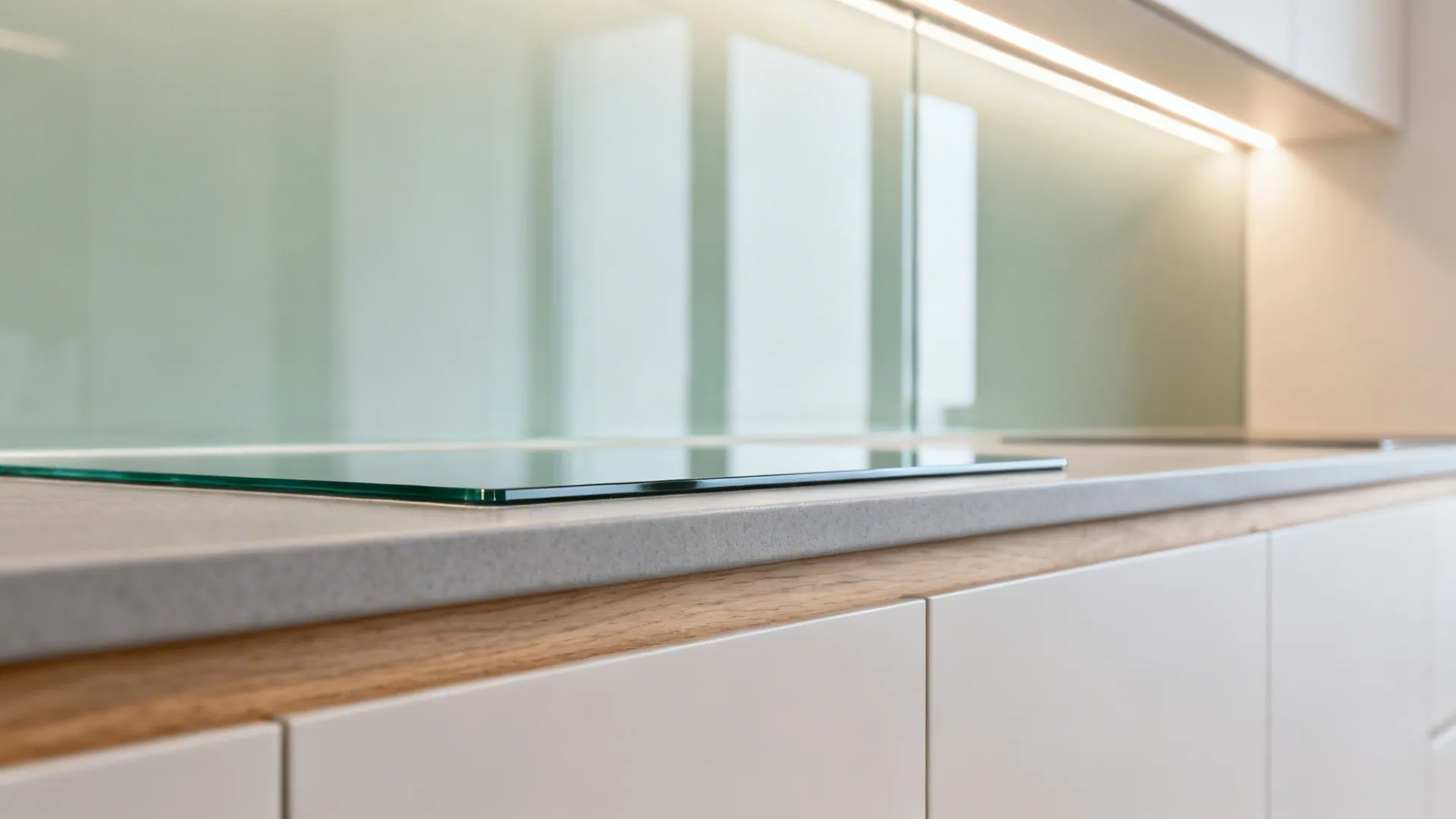 Close-up of a seamless back-painted glass backsplash reflecting soft task light.