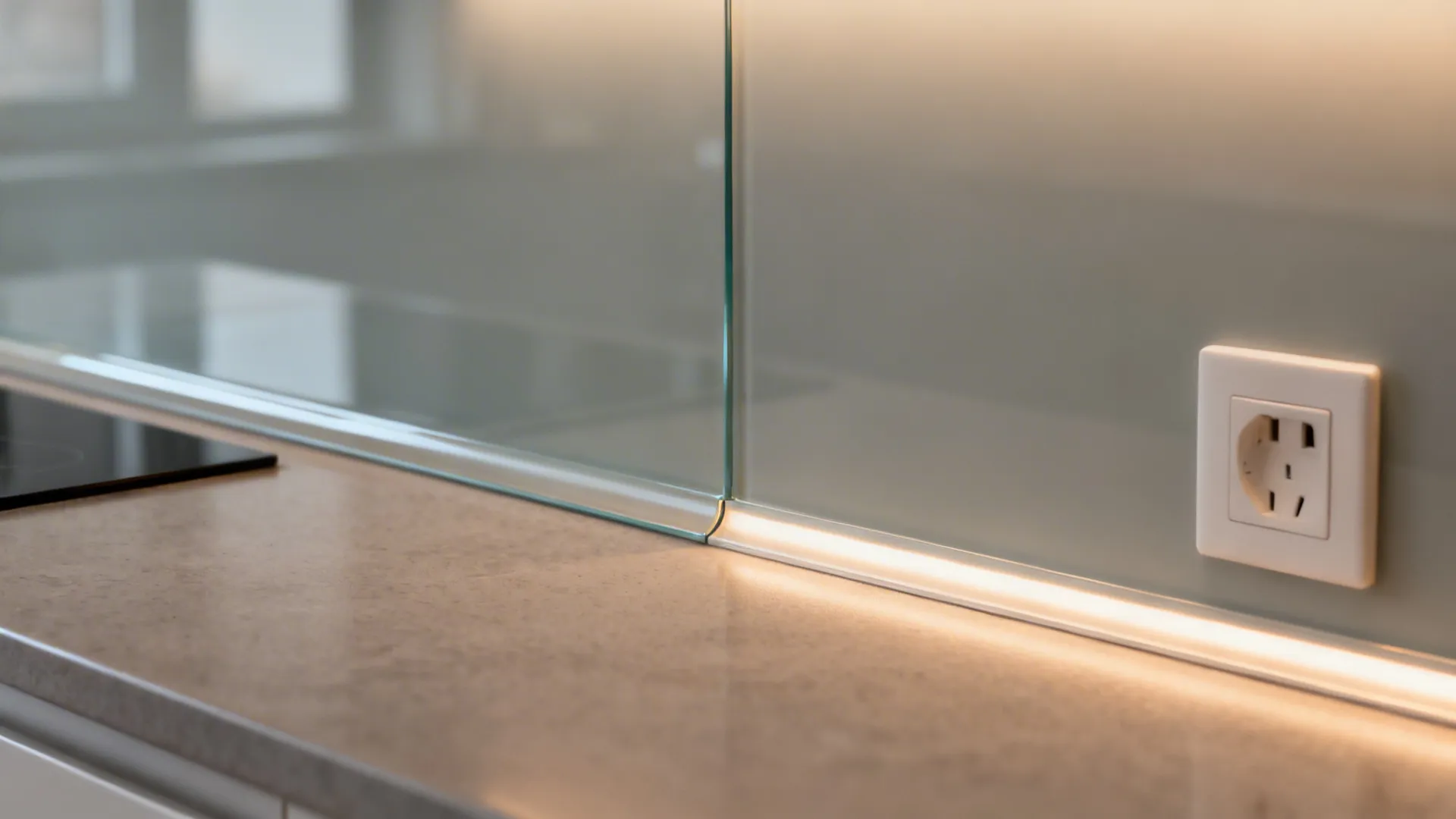 Close-up of mist-gray glass backsplash with aligned outlet and soft LED wash.