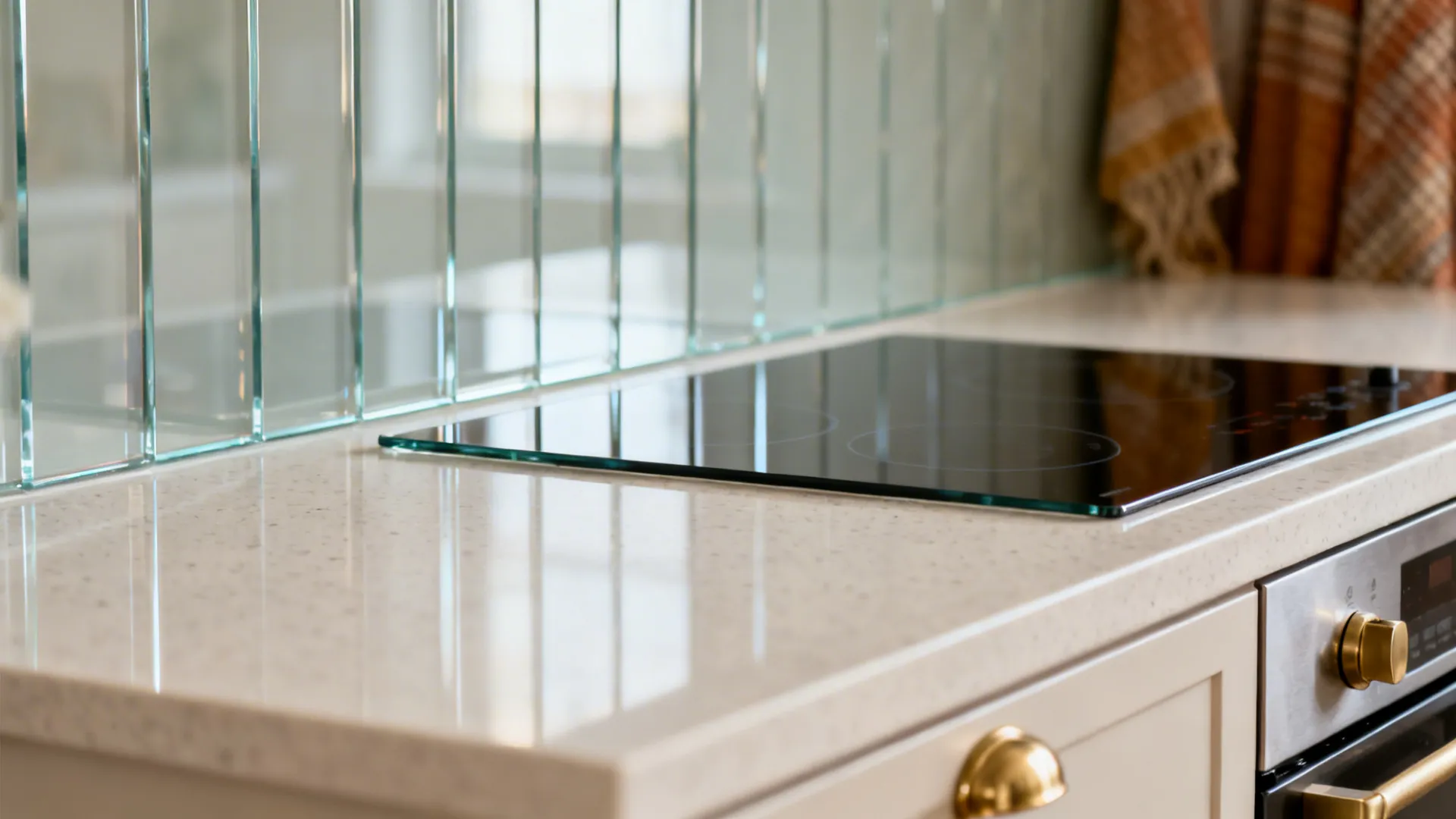 Glass backsplash and reflective finishes for depth