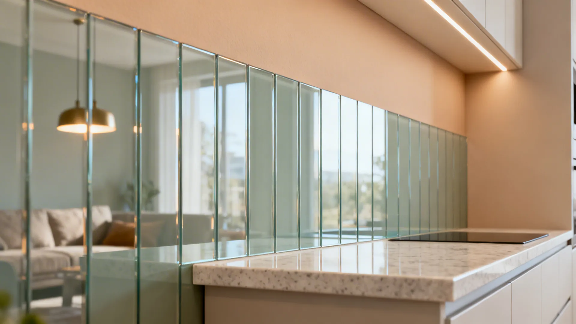 Glass backsplash for light and depth