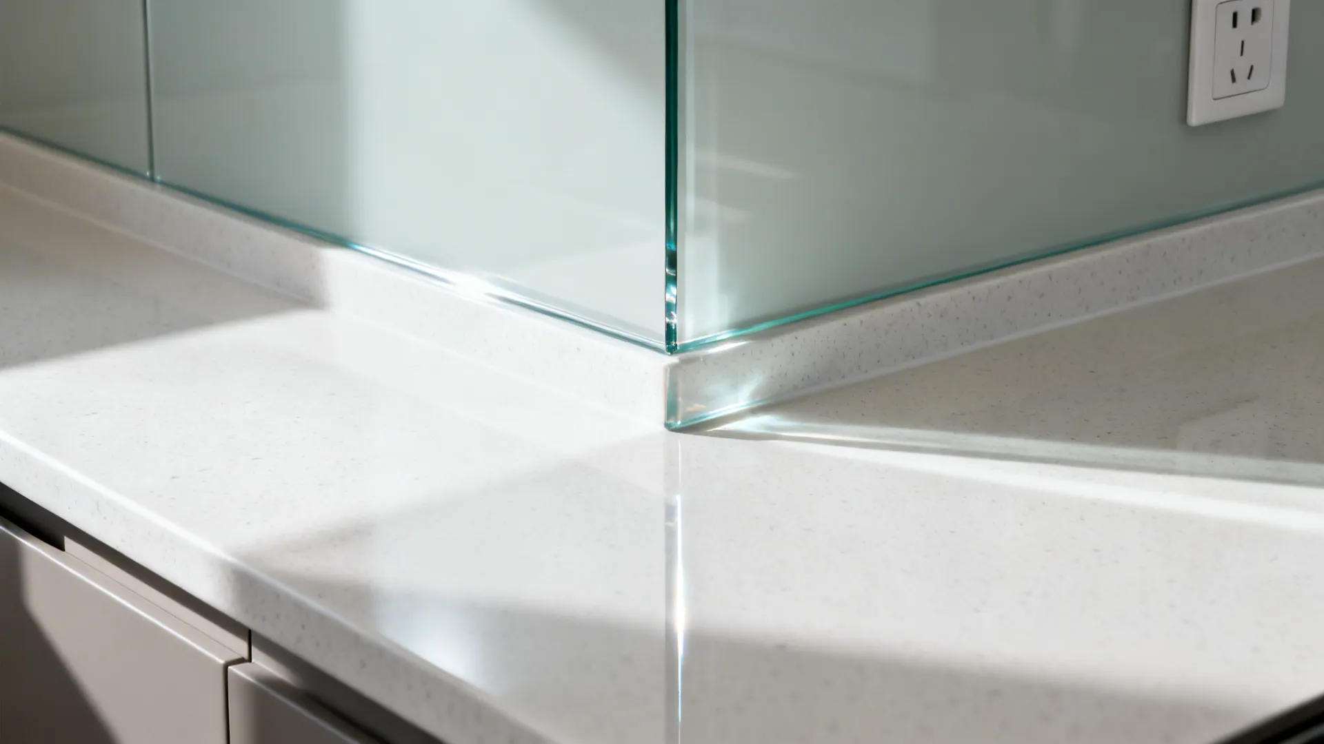 Macro of low-iron glass backsplash edge and precise cutout above a white quartz countertop.