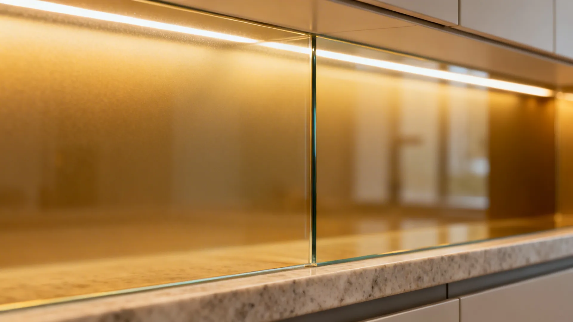 Modern kitchen glass backsplash with warm led lighting strip underneath the upper white cabinet storage