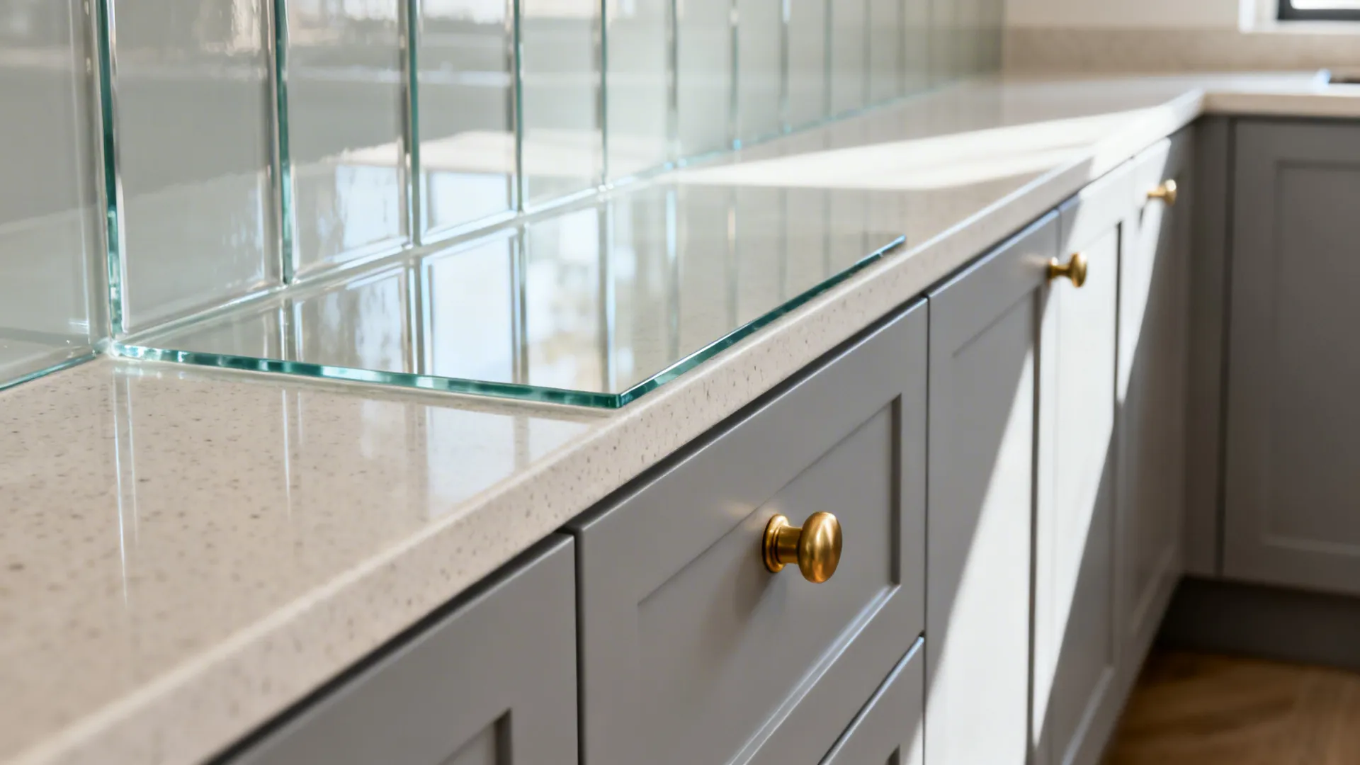 Macro of low-iron glass backsplash meeting pale quartz with satin cabinet reflection.