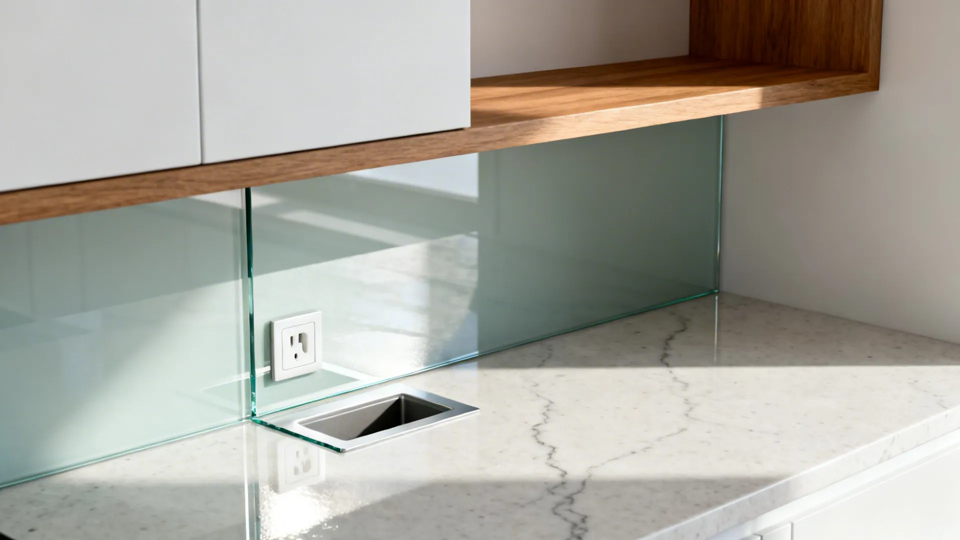 Macro detail of a clear glass backsplash with precise cutout above a light quartz countertop.