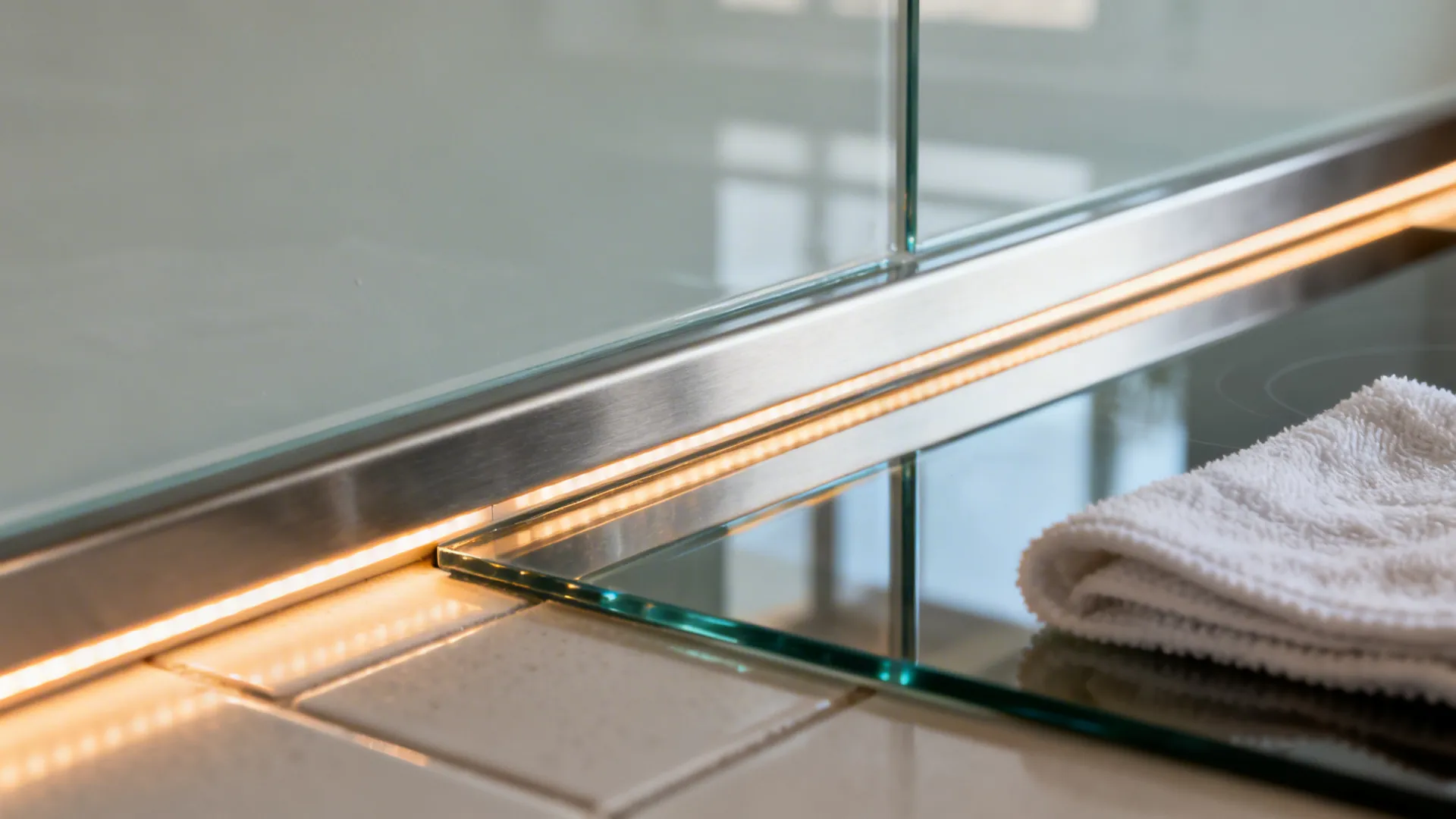 Macro showing the glossy edge of a glass backsplash reflecting warm LED light in a small kitchen.