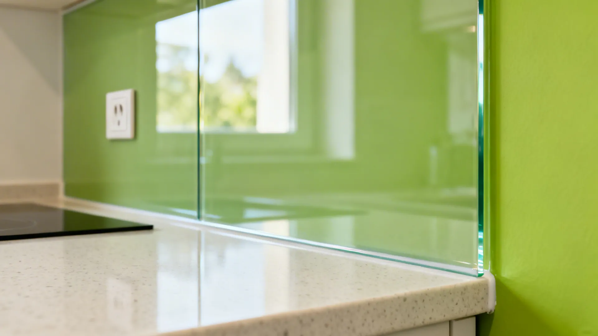 Macro view of low-iron glass backsplash reflecting light over apple-green wall and quartz counter.
