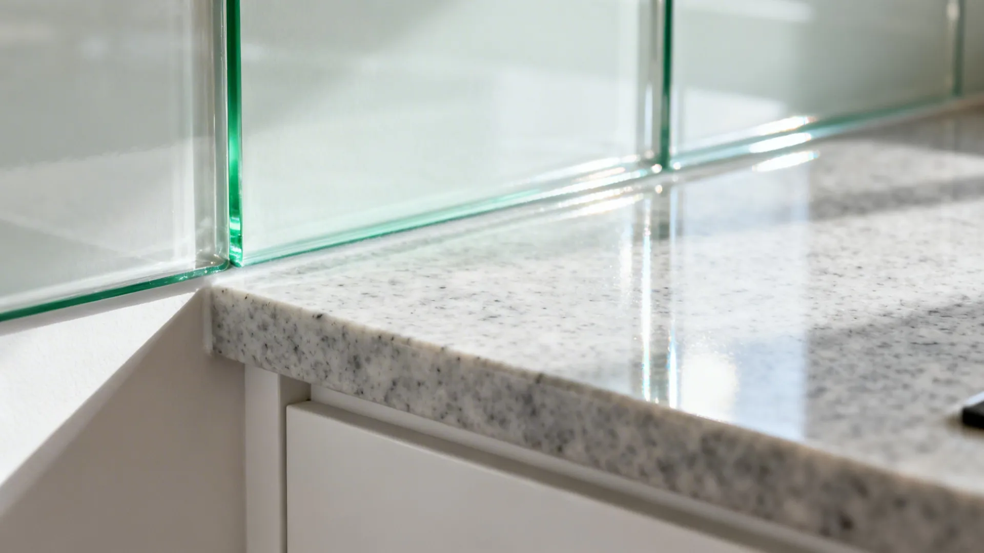 Close-up of low-iron glass backsplash meeting a quartz countertop with soft daylight reflections.