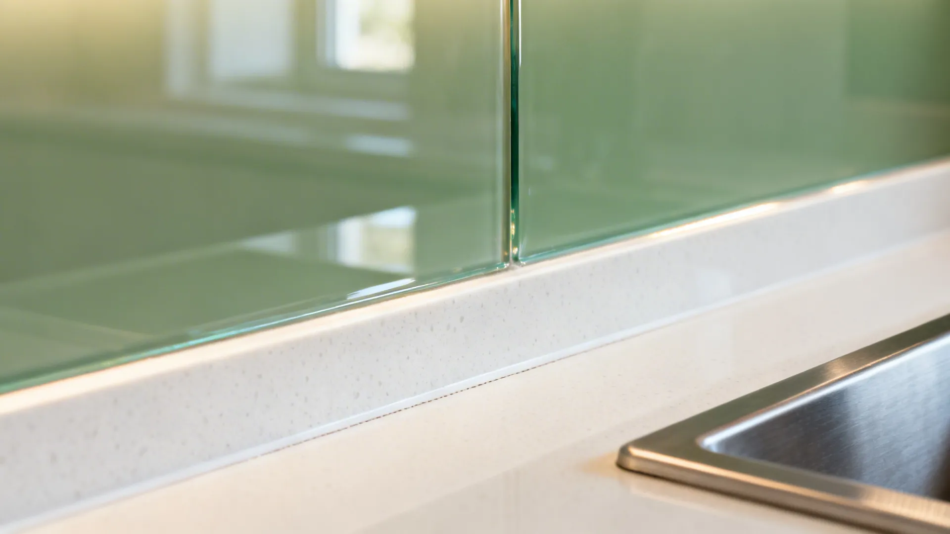 Macro of a sage green glass backsplash reflecting soft under-cabinet light above a white counter.