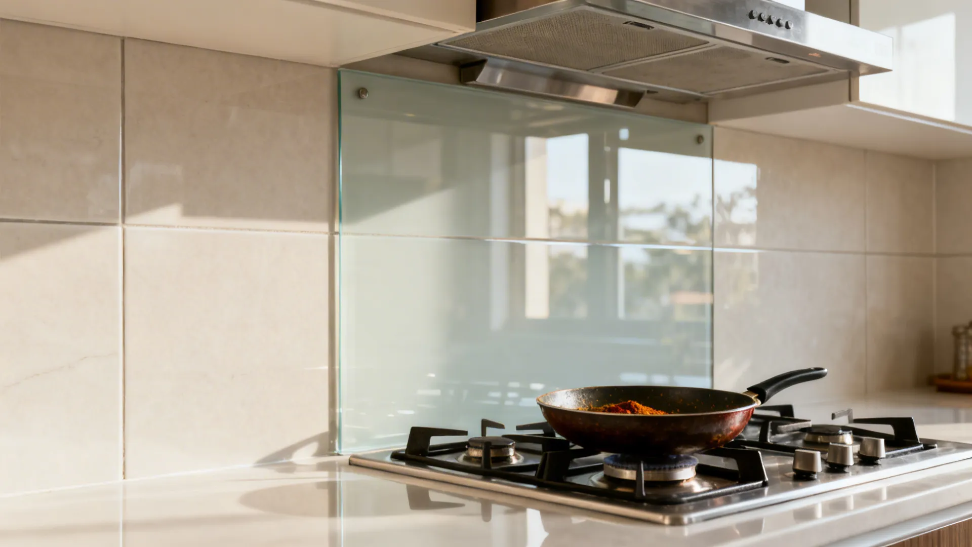 Close up view of a glass wall panel behind a stove with a cooking pan