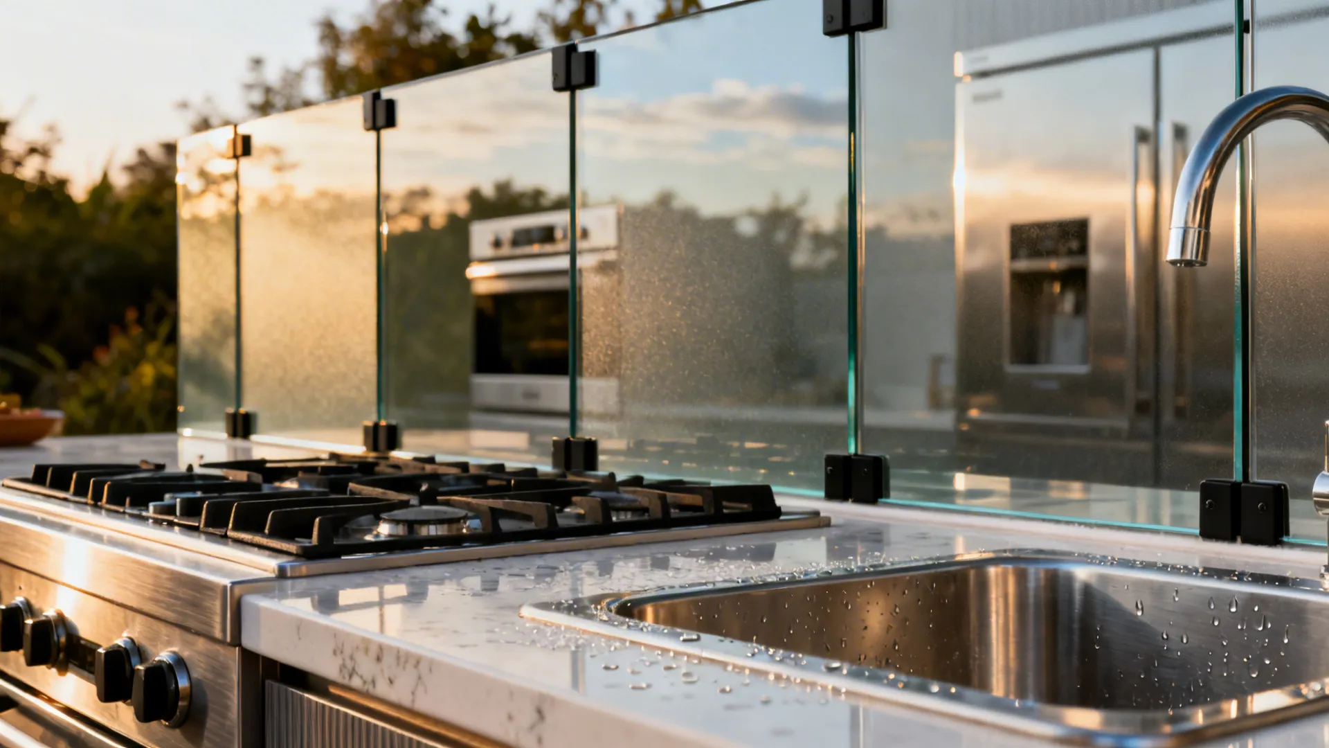 Close-up of a tempered low-iron glass backsplash reflecting soft light behind an outdoor cooktop.