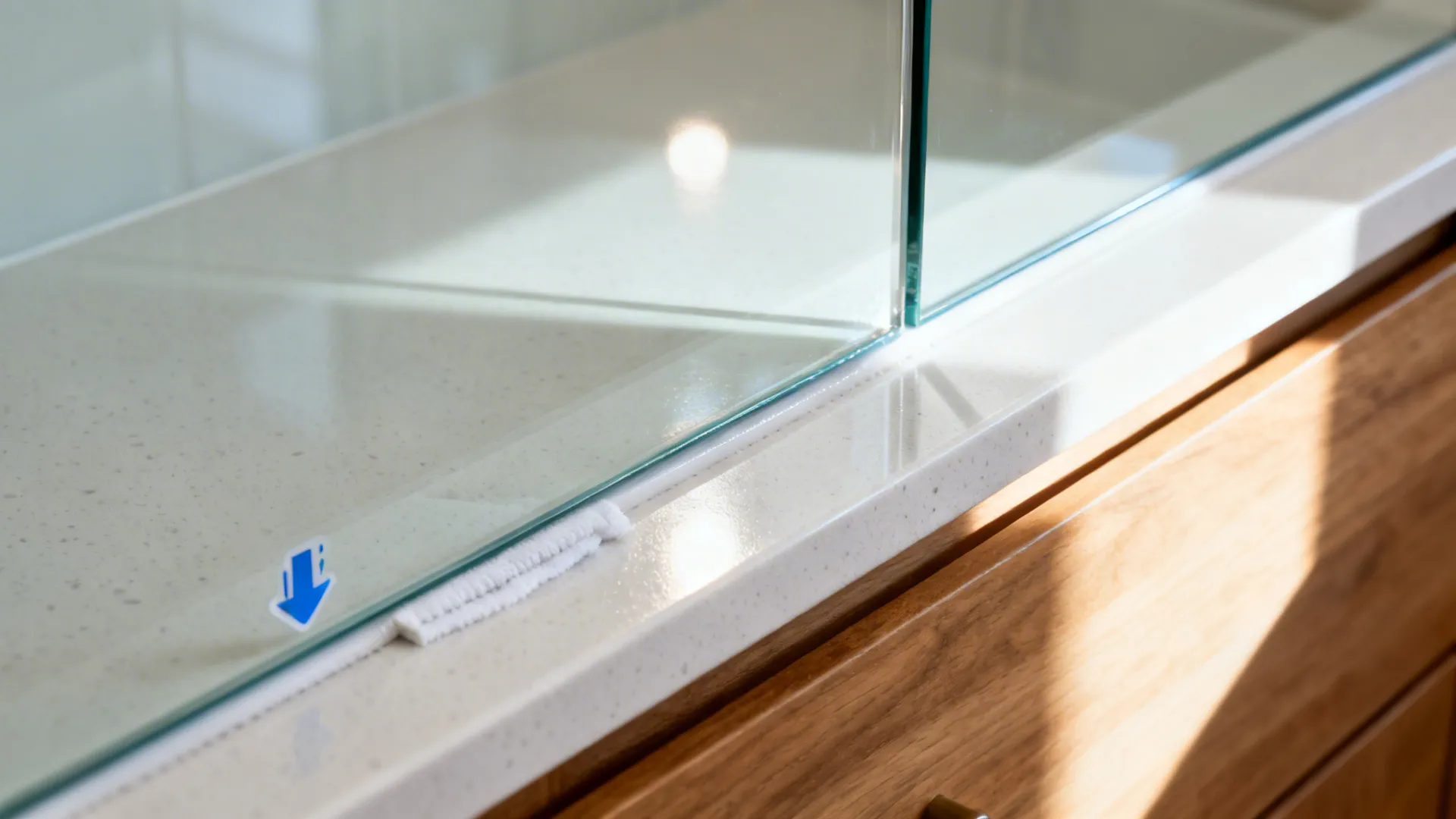 Close-up of a low-iron tempered glass backsplash reflecting soft daylight over white quartz and oak.