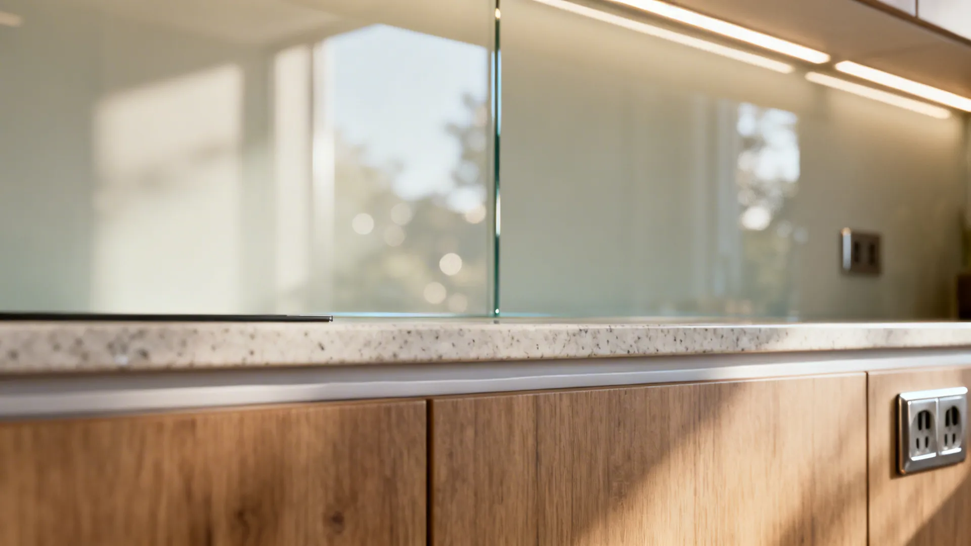 Macro of glossy tempered glass backsplash reflecting under-cabinet LEDs and daylight.