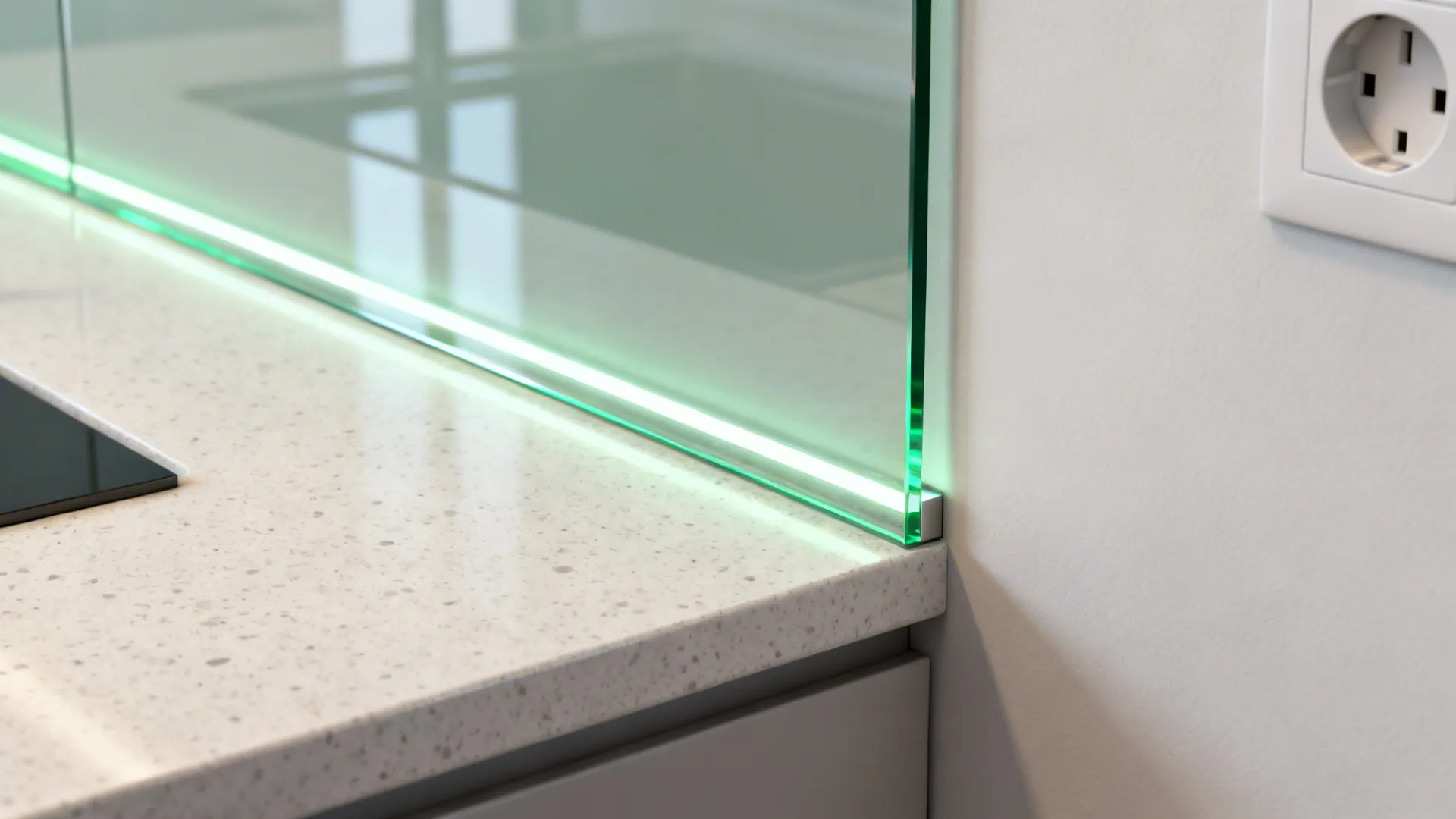 Glass backsplash for brighter, deeper sightlines