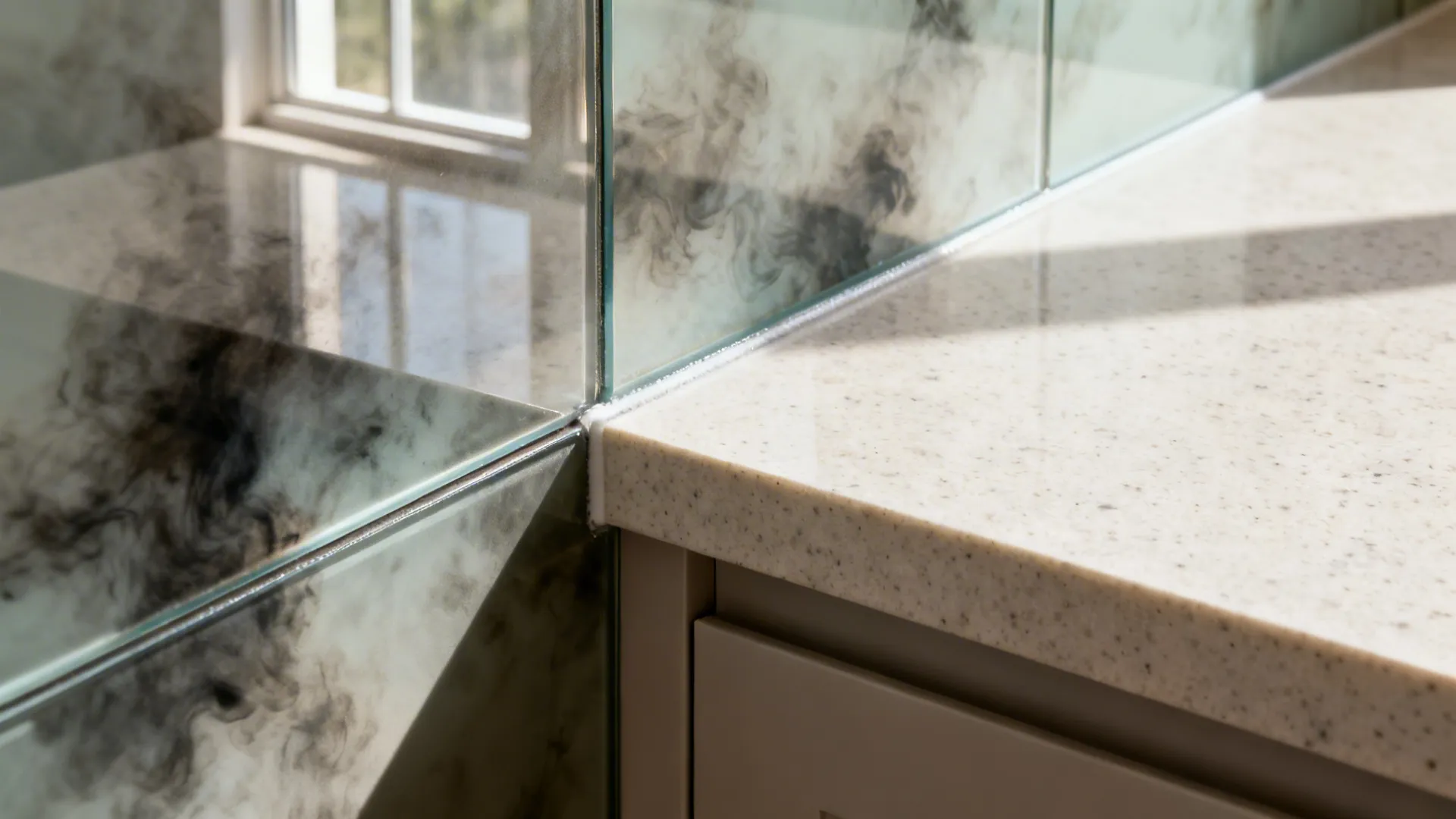 Close-up of a white stone countertop meeting a marble patterned glass wall in a kitchen