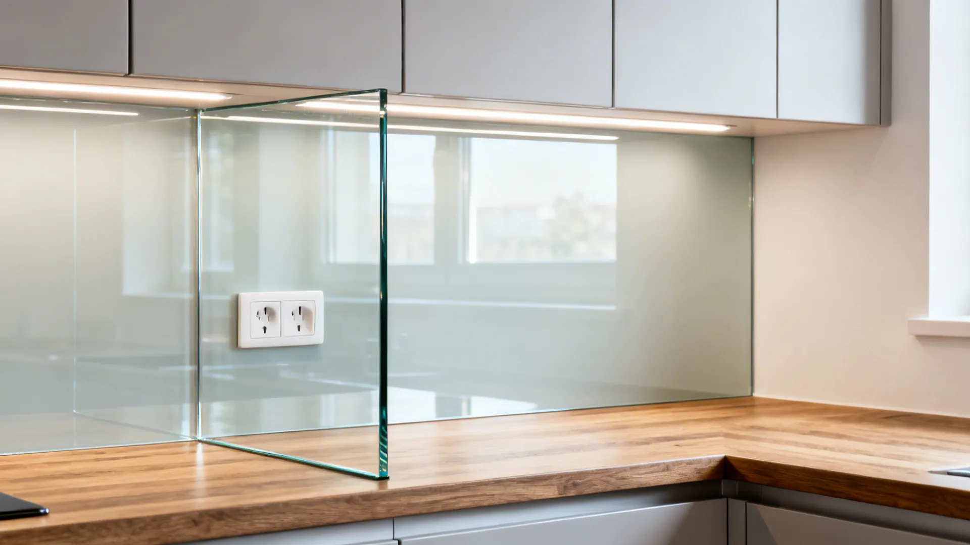 Low-iron glass backsplash reflecting under-cabinet LEDs with aligned outlets and matte fronts.
