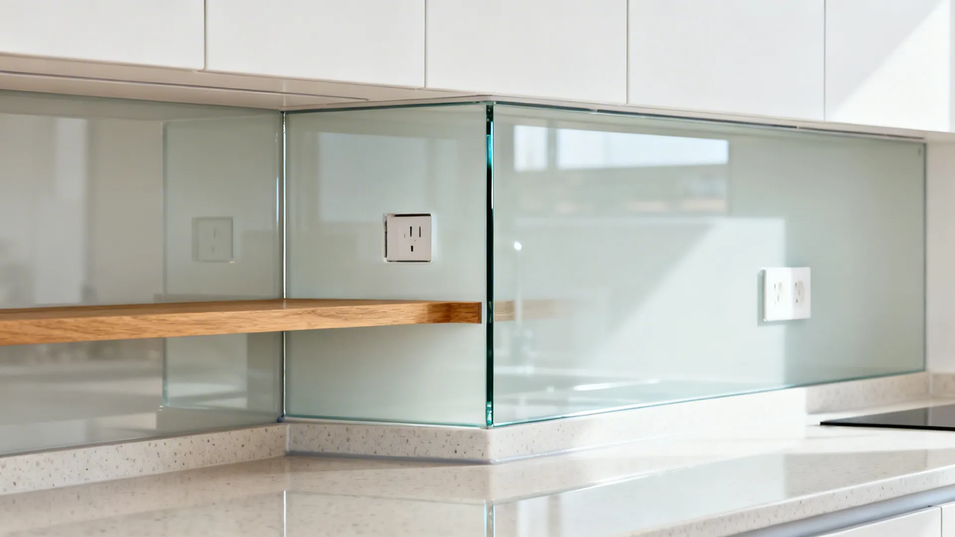 Close-up of a low-iron glass backsplash with precise outlet cutouts and soft daylight reflections.