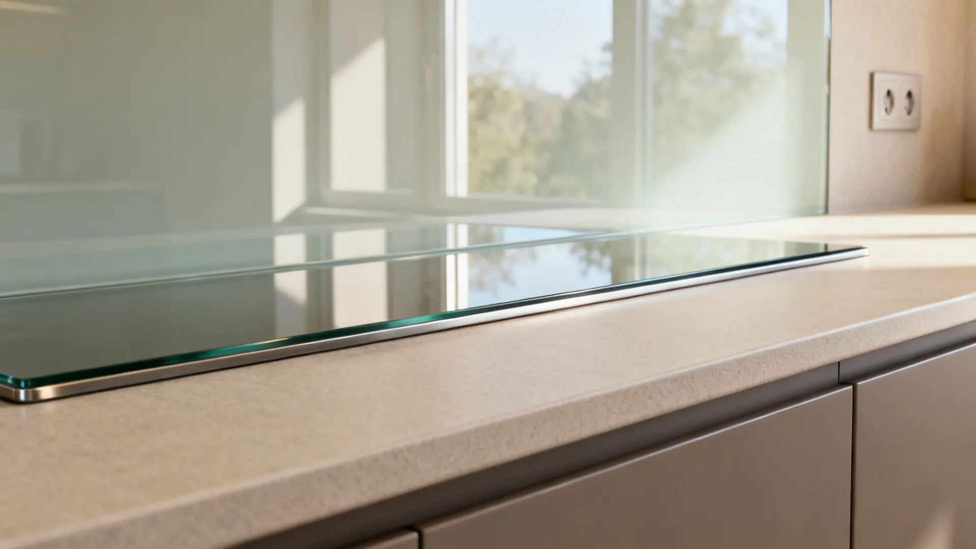 Macro detail of a low-iron glass backsplash with clean edges meeting a neutral countertop and matte cabinetry.