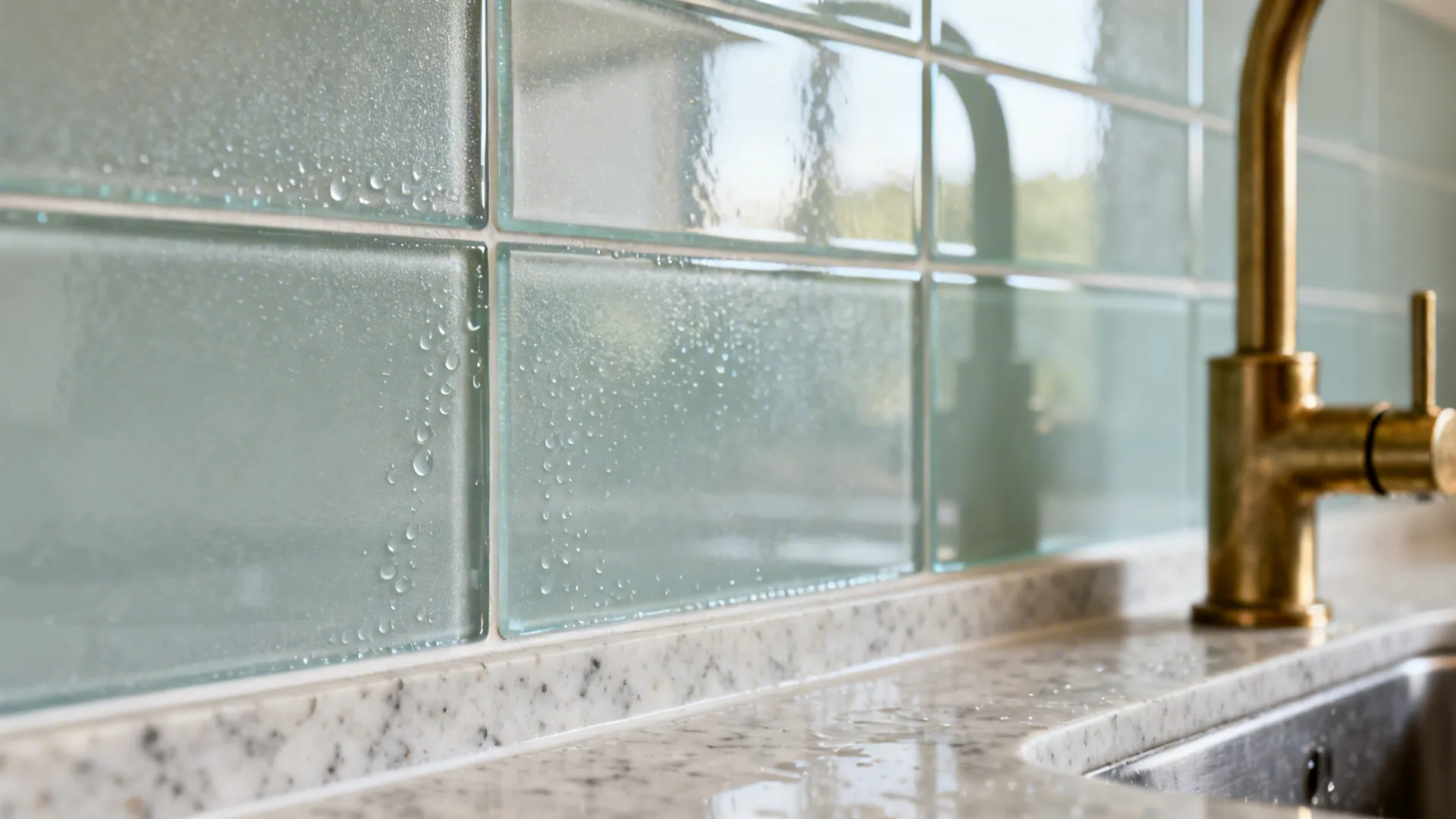 Close-up of semi-gloss glass backsplash by a brass faucet with clean reflective finish.