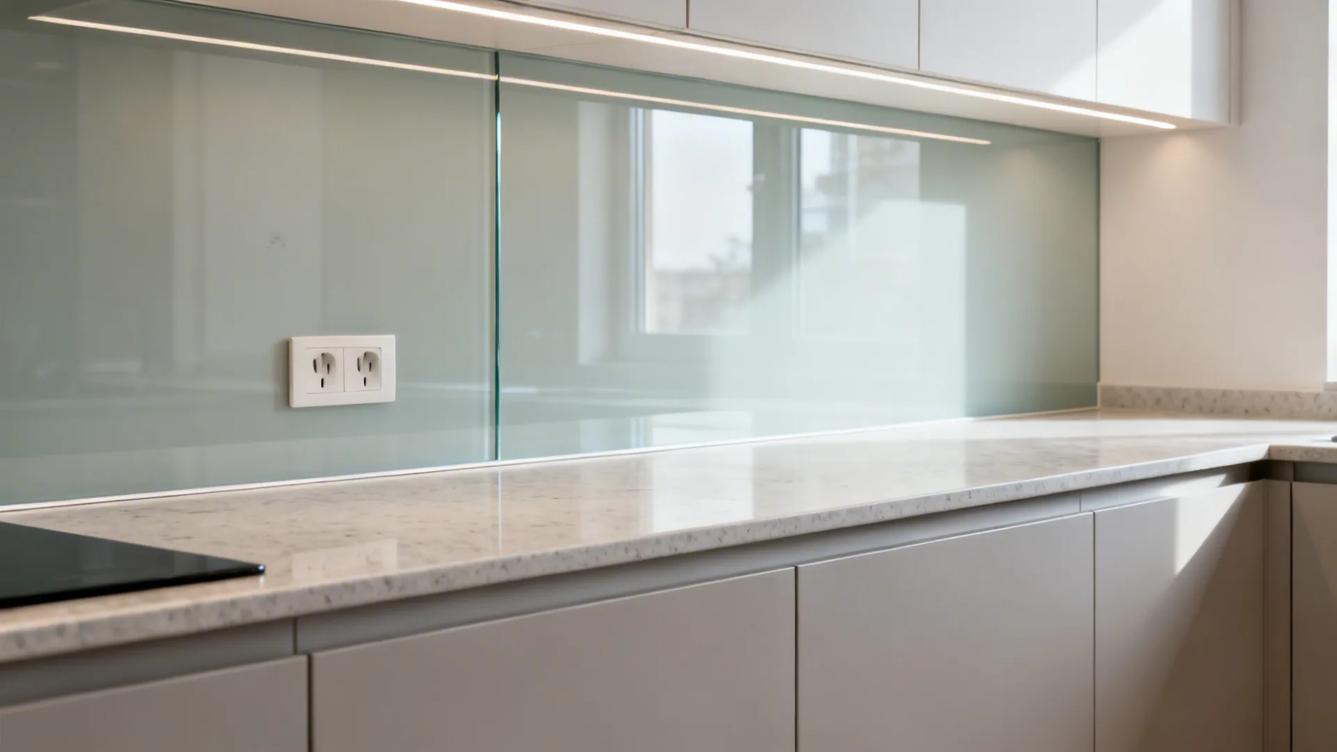 Macro view of low-iron back-painted glass backsplash with slim quartz counter and LED reflection.