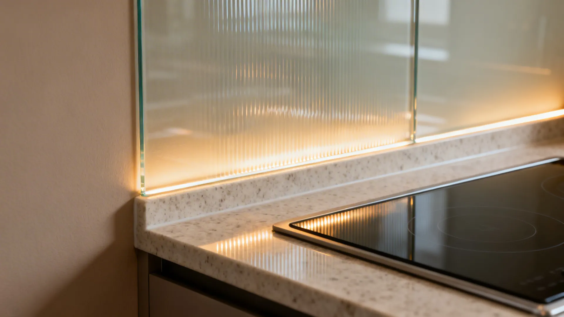 Macro view of a low-iron glass backsplash reflecting LED light above a quartz countertop.