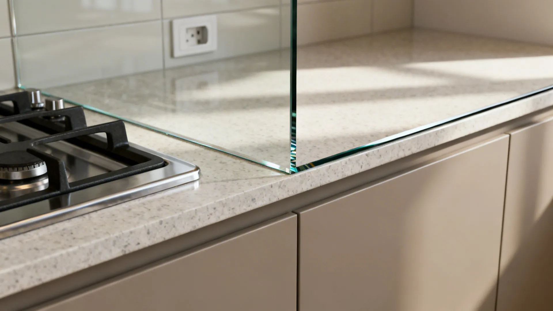 Macro of a low-iron glass backsplash edge aligned cleanly with a quartz countertop and outlet cutout.