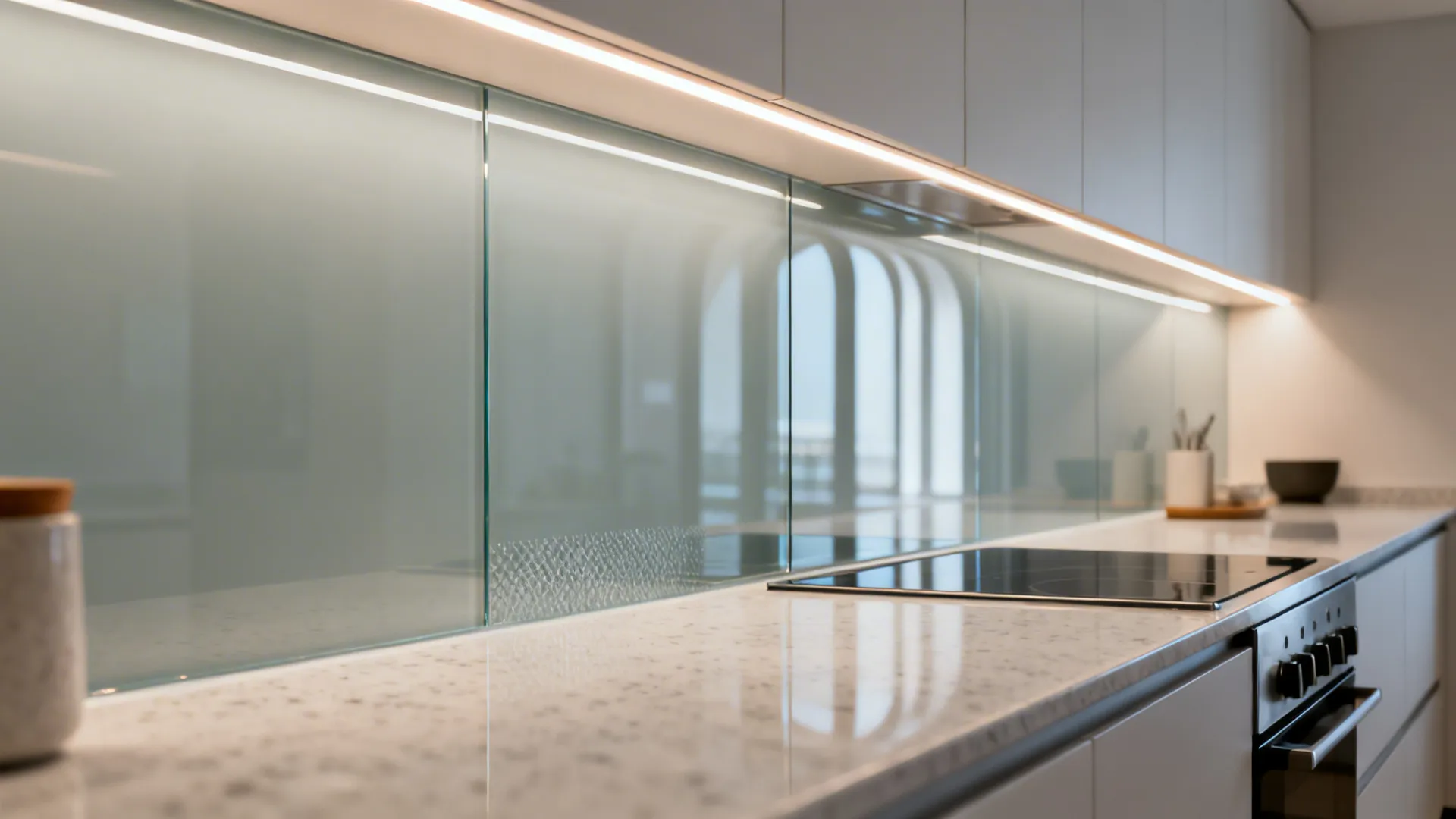 Glass backsplash for light and depth