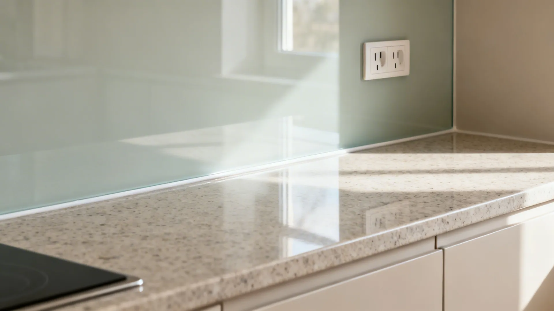 Macro of satin glass backsplash with precise outlet cutout above a quartz counter.