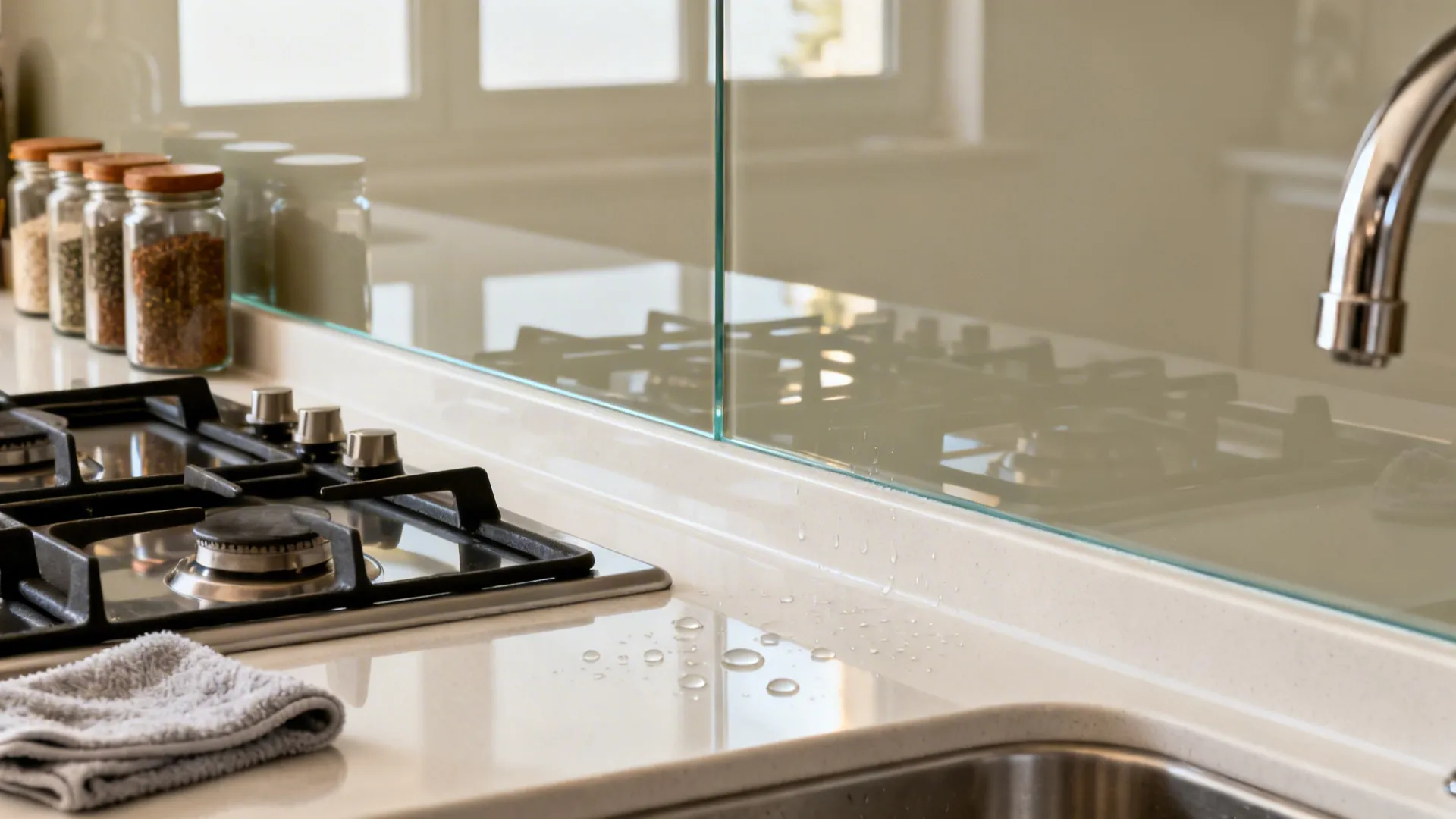 Macro of soft greige back-painted tempered glass backsplash reflecting light above a porcelain worktop.