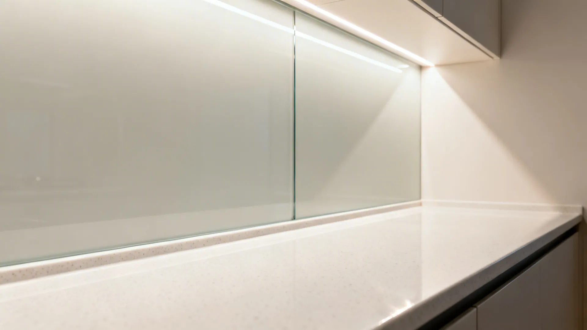 Macro of warm white back-painted glass backsplash reflecting undercabinet light above a white counter.