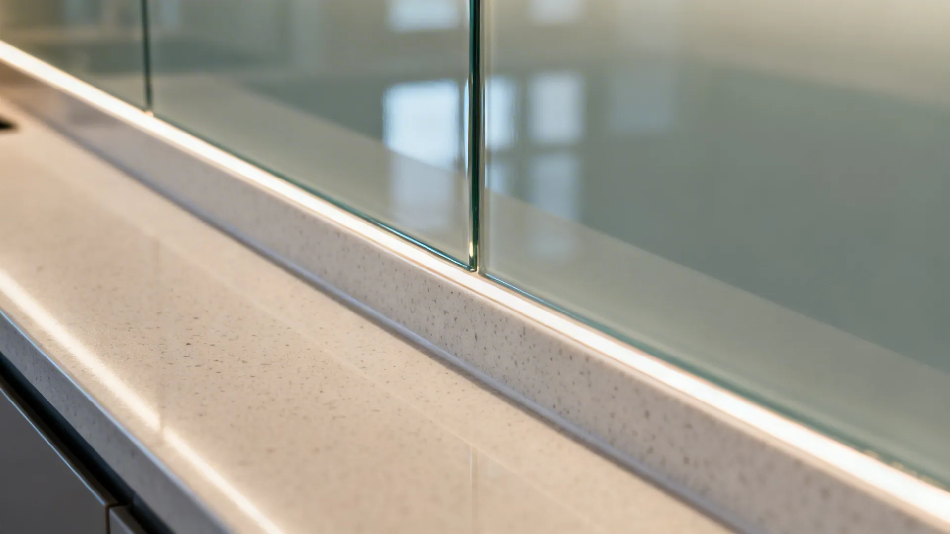 Macro detail of a painted glass kitchen backsplash with soft reflections and clean edges.