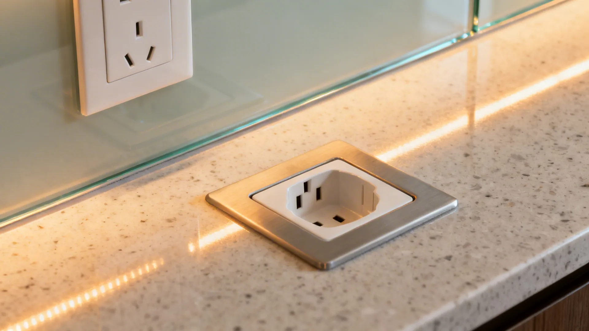 Macro detail of low-iron glass backsplash edge and outlet cutout over quartz.
