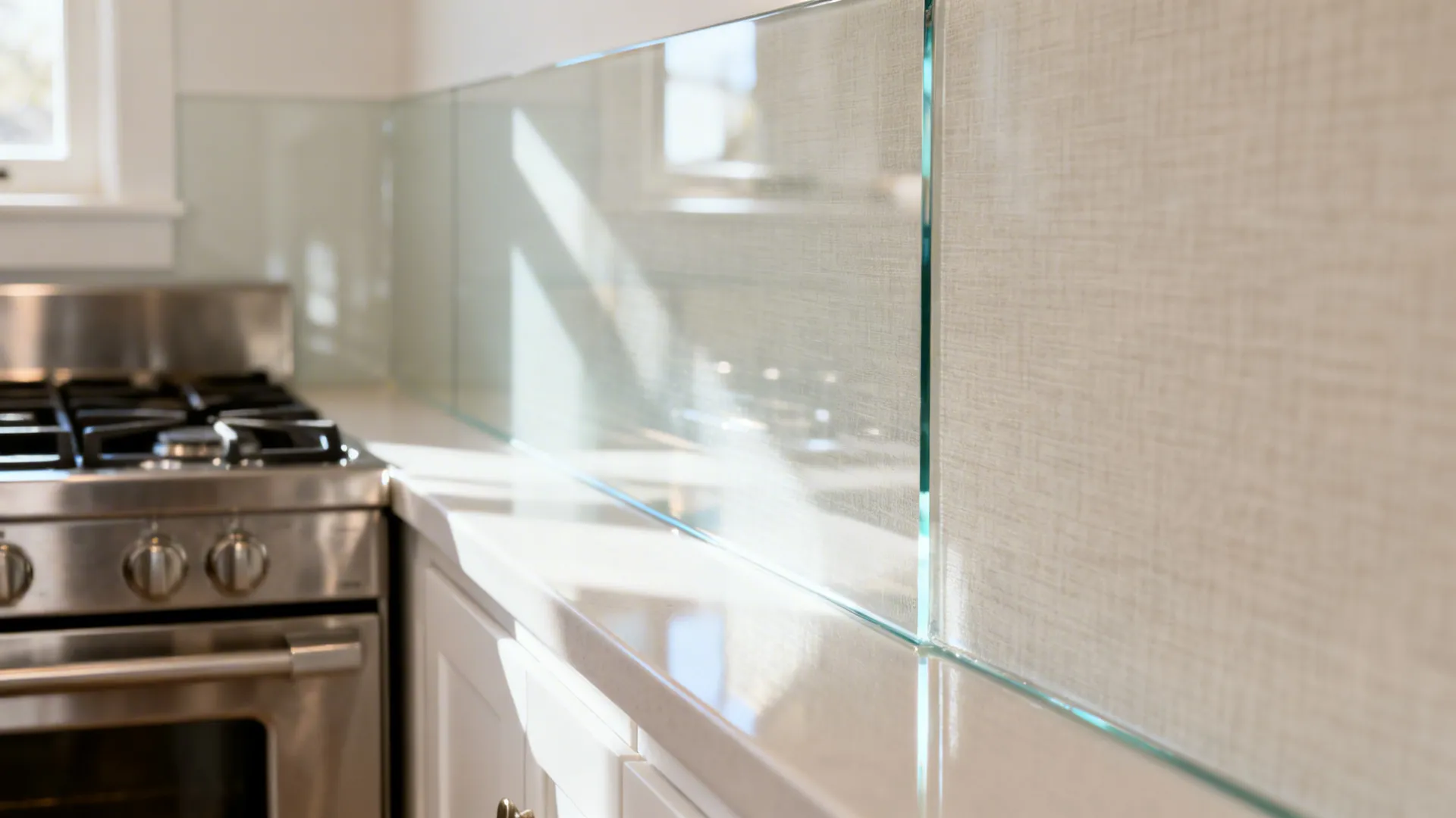 Macro of warm white back-painted glass backsplash reflecting light in a small kitchen.