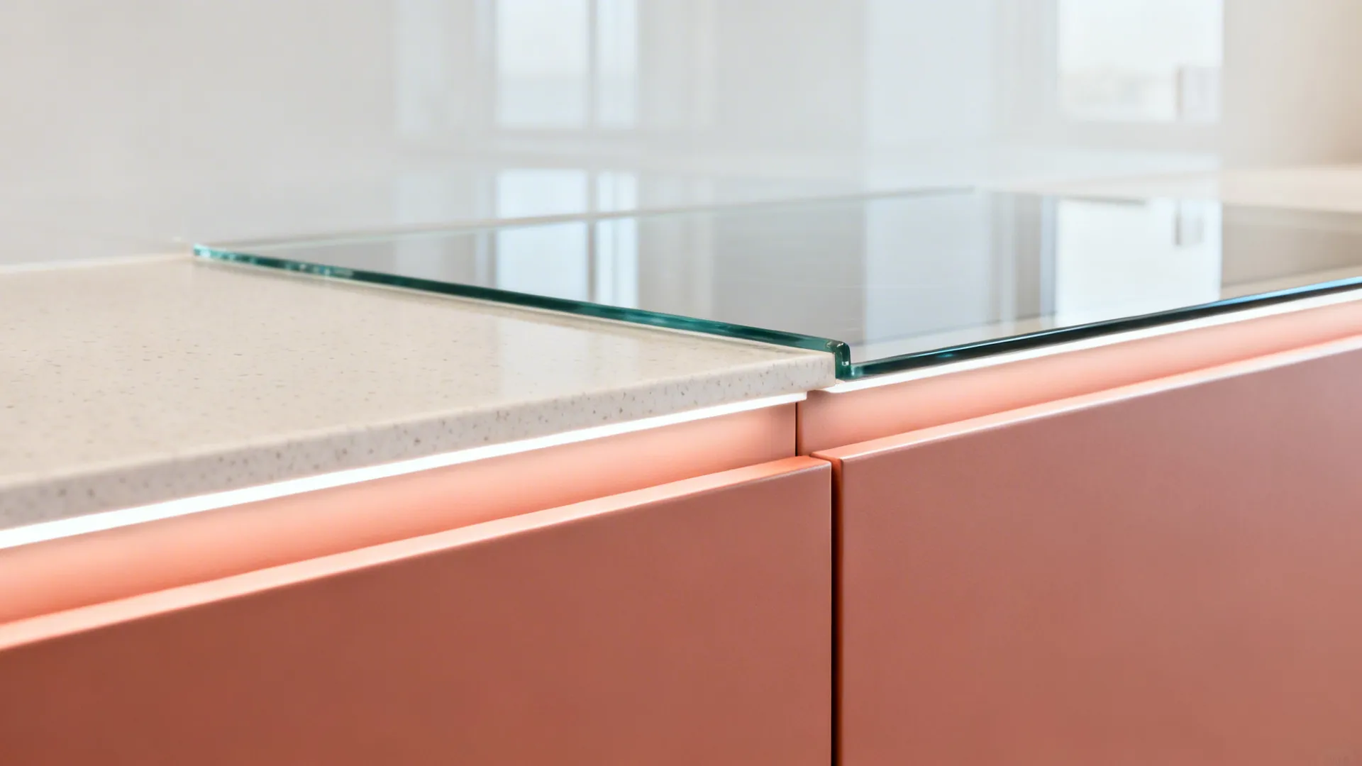 Macro of low-iron glass backsplash meeting coral cabinetry and light quartz.