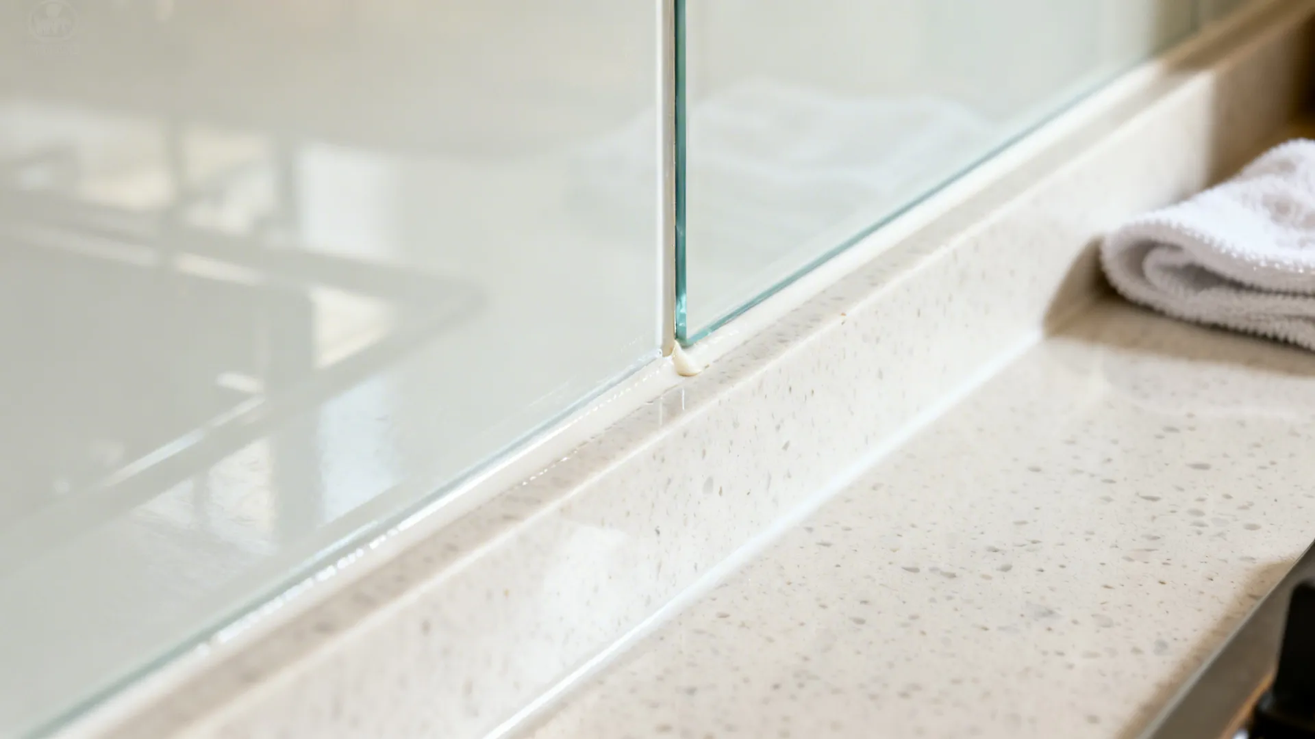 Close-up of warm white glass backsplash edge with clean joint and soft reflections.