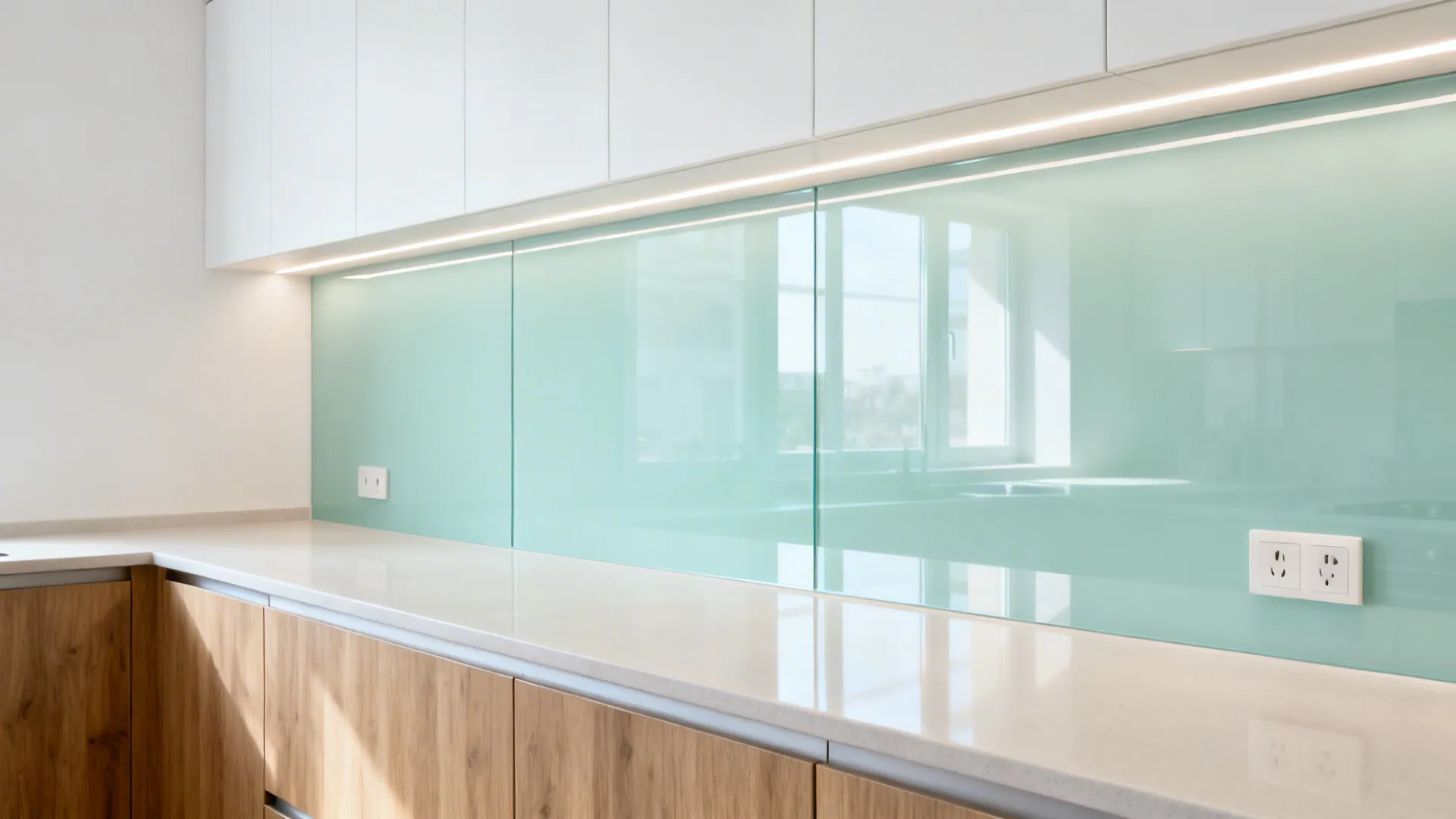 Pale mint back-painted glass backsplash reflecting light in a compact kitchen