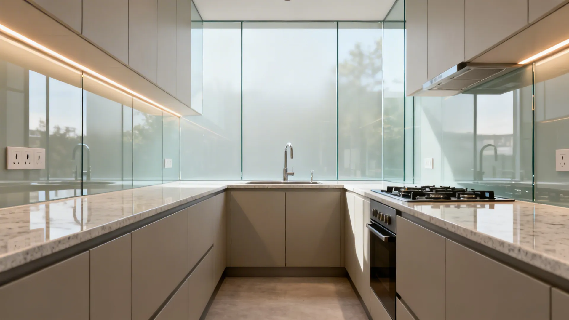 Modern galley kitchen with pale greige back-painted glass backsplash reflecting soft daylight.