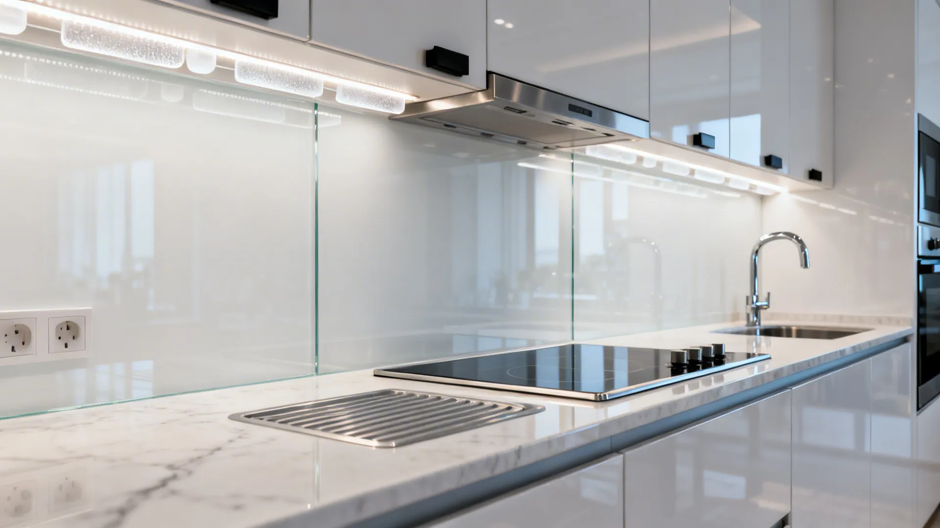 Seamless back-painted low-iron glass backsplash reflecting soft under-cabinet lighting.